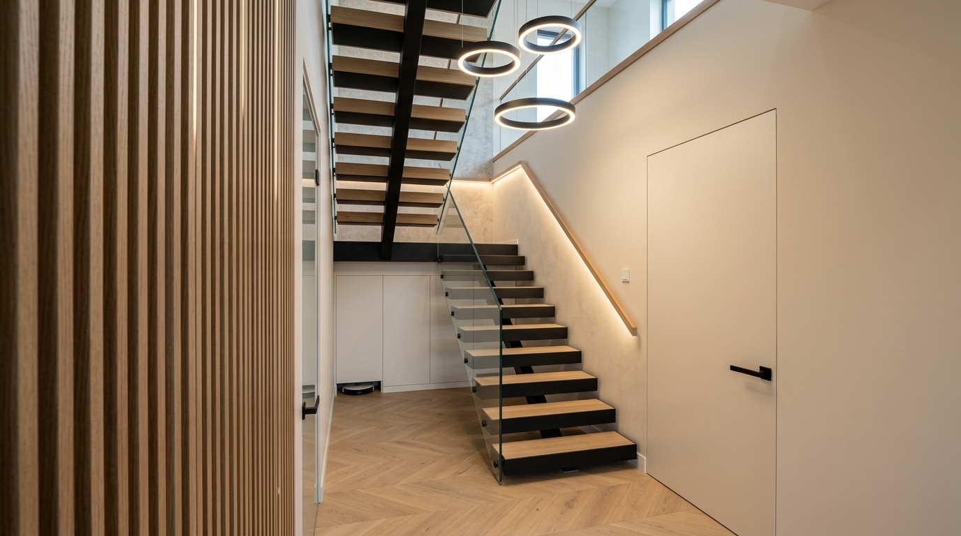 A photorealistic interior render converting this 3D concept into editorial interior photography. Modern staircase with matte black steel stringers in a satin finish, light natural wooden treads, and a clear minimalist glass railing. Gentle warm beige walls, chevron wood flooring, and a wooden handrail/cove with 3000K warm LED backlighting. Under-staircase minimalist white storage cabinets with integrated hidden base for a robot vacuum. Stairs separated from walls by 2-3 cm. Above the staircase, three circular black pendant lamps casting warm artificial light. Realistic premium materials, precise shadows, and clean architectural lighting, preserving the exact layout.