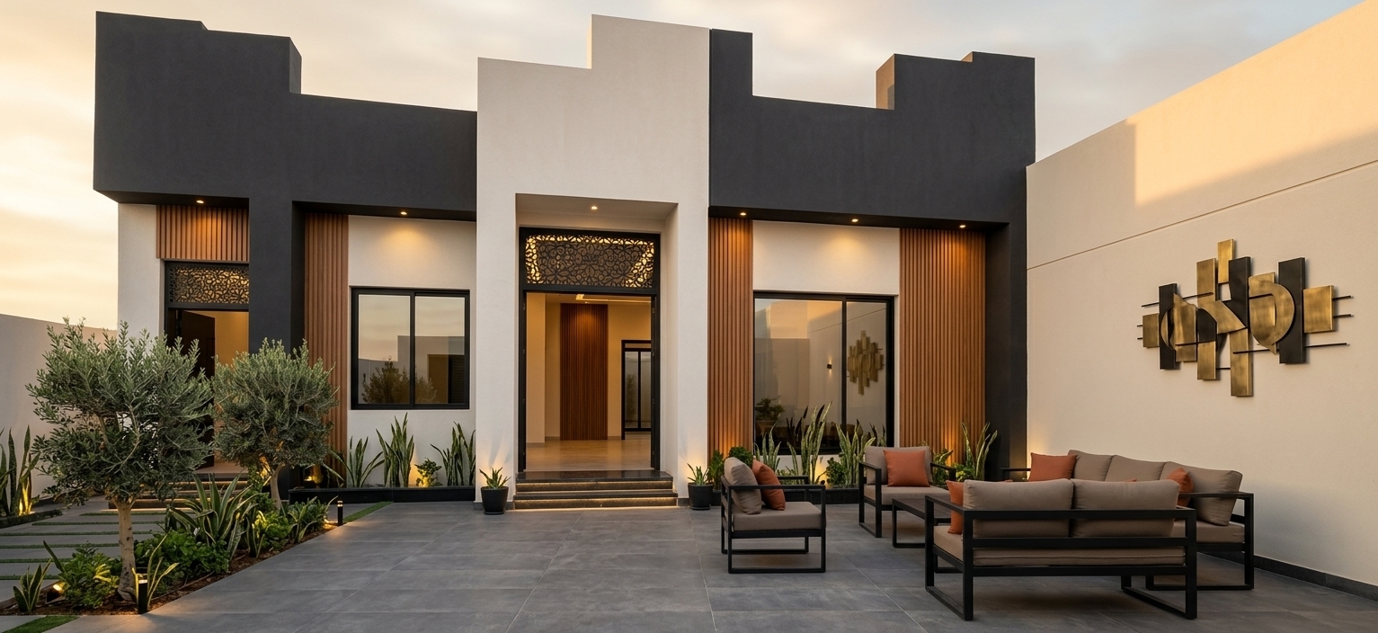 An incredibly lifelike, richly detailed, photorealistic wide-angle architectural shot of a contemporary modern-fusion residence and its expansive outdoor patio set in a refined urban courtyard. The scene is illuminated by the warm, directional glow of late-afternoon golden hour sunlight paired with subtle 3000K warm LED soffit downlights, creating a sleek, dramatic, and sophisticated atmosphere. Captured with a professional medium-format camera and a 24mm tilt-shift lens, emphasizing smooth microcement finishes, crisp geometric shadow lines, and tactile wood and metal surfaces.

The building’s facade showcases an elevated modern transformation of the stepped, modular parapet architecture. The exterior walls are finished in a seamless blend of smooth charcoal-black render and crisp off-white stucco, contrasted beautifully with warm vertical teak-slat panels inset within the recessed wall niches. Over the main entryways, custom laser-cut blackened steel transoms feature elegant calligraphy-inspired geometric perforations, backlit from within to cast intricate patterns across the entryway thresholds. The windows have been upgraded to sleek, ultra-slim black anodized aluminum frames fitted with low-iron, anti-reflective architectural glass reflecting the warm sky.

In the foreground, the previously unfinished yard is transformed into a luxurious open-concept outdoor patio. Large-format honed basalt pavers extend outward, bordered by linear ground-level planter beds filled with lush, architectural greenery—such as sculptural olive trees, snake plants, and fountain grasses softly illuminated by hidden ground spotlights. A modern outdoor lounge set featuring matte black steel frames, deep neutral cushions, and vibrant burnt-orange accent pillows sits effortlessly on the terrace. 

Mounted on the smooth adjacent boundary wall is a dynamic, multi-panel abstract metal relief art piece in brushed brass and blackened steel, adding an artistic, photography-book quality to the outdoor living space. The entire composition balances bold industrial elements with organic textures, presenting a harmonious, high-end residential oasis that perfectly bridges contemporary modular design with warm, inviting materiality.