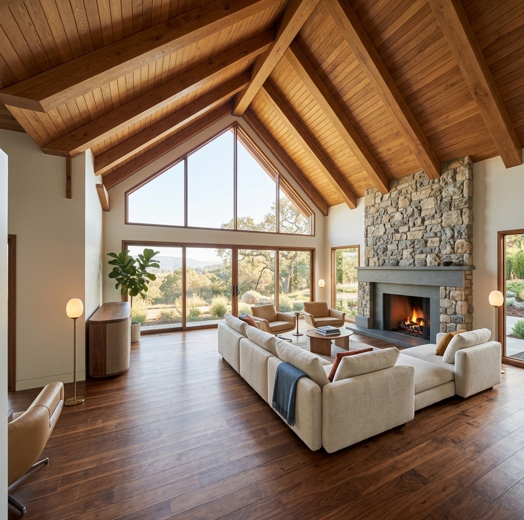 An incredibly lifelike, richly detailed, photorealistic wide-angle interior photograph of an expansive mid-century modern living room set in a scenic countryside retreat. The scene is illuminated by abundant natural daylight streaming through towering gabled glass windows and balanced by warm ambient floor lamps, creating an inviting, sophisticated, and tranquil atmosphere. Captured with a 24mm architectural lens at eye level, emphasizing the rich natural grain of the polished walnut flooring, the organic warmth of exposed timber ceiling trusses, and the tactile stonework surrounding the central fireplace. The space is curated with iconic mid-century sensibility, featuring a sleek, low-profile sectional sofa, paired retro lounge chairs, and minimalist teak coffee tables holding a styled photography book. Organic indoor greenery and uncluttered, functional surfaces harmonize with subtle splashes of muted blue, burnt orange, and earthy ochre in the abstract accents, seamlessly merging timeless interior elegance with panoramic outdoor views.