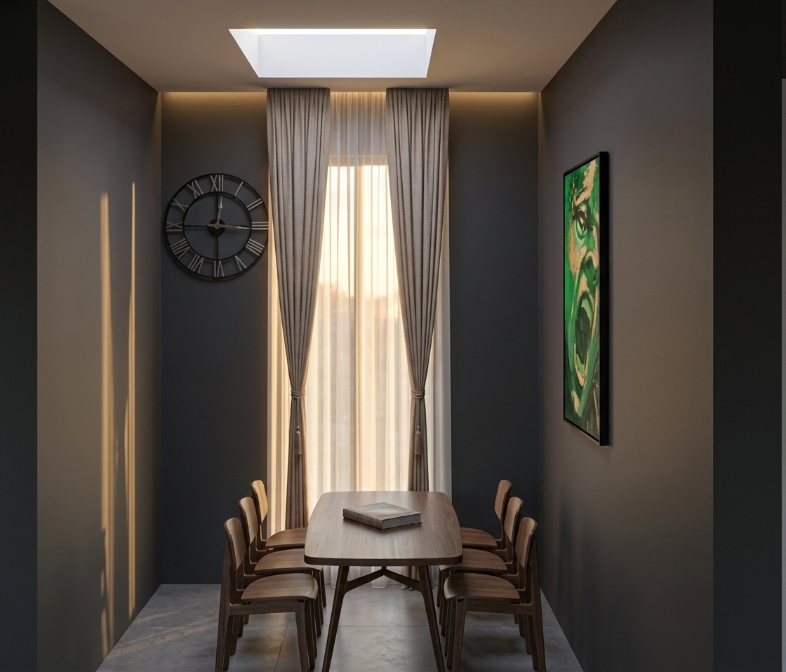 An incredibly lifelike, richly detailed, photorealistic eye-level interior shot of a modern fusion dining room set in a chic urban residence during a peaceful spring evening. The scene is illuminated by the soft, warm glow of a golden sunset streaming through an overhead skylight and floor-to-ceiling rear windows, creating an intimate and sophisticated atmosphere. Captured with a 35mm architectural lens at eye level, emphasizing smooth matte charcoal walls, rich walnut wooden chairs, and sleek metallic finishes. At the center, a contemporary dark wood dining table is paired with minimalist chairs and accented by a curated photography book resting on its pristine surface. Elegant, tailored taupe curtains flank the bright window backdrop, complemented by a large, geometric black skeleton clock on the left wall and a bold, vibrant green abstract canvas bringing an electric pop of color to the right wall, perfectly marrying industrial-inspired minimalism with warm, upscale elegance.