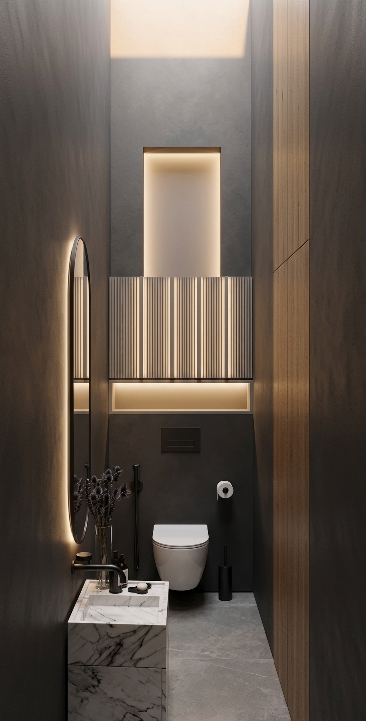 An incredibly lifelike, richly detailed, photorealistic eye-level interior shot of a sleek, minimalist powder room bathroom set in a contemporary urban home. The scene is illuminated by the soft, warm glow of a spring sunset filtering from above and refined ambient backlighting behind a slender, arched vertical mirror, creating a serene, Zen-inspired, and tranquil atmosphere. Captured with a high-end 24mm tilt-shift architectural lens, emphasizing the rich, subtle veining of the polished white marble vanity sink, the smooth matte charcoal plaster walls, and the precision of the streamlined matte black hardware. In the compact yet soaring space, a modern wall-hung toilet rests below elegant fluted vertical wall panels and an illuminated niche, while a delicate glass vase holding dark spring florals adds a graceful, organic touch to the pristine, uncluttered surface, celebrating functional elegance and refined monochromatic design.