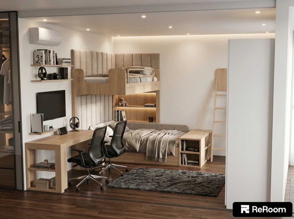 An incredibly lifelike, richly detailed, photorealistic wide interior shot of a modern teenager's bedroom set in a contemporary home. The scene is illuminated by warm recessed ceiling spotlights and soft, hidden LED cove backlighting along the cabinetry, creating a serene, digital zen atmosphere. Captured with a 24mm architectural lens, emphasizing natural light-oak wood grain, plush vertical-tufted fabric textures, and sleek matte electronics. The space features a custom multi-functional bunk bed system detailed with cozy, upholstered vertical-channel padding spanning the headboards and side walls of both sleeping levels. A streamlined wooden access ladder is cleanly mounted at the upper bed's footboard, while the adjoining long study and gaming desk is equipped with two ergonomic black mesh chairs, display shelving, and an entertainment setup. Deep walnut wood flooring beneath a plush dark gray rug completes this highly functional, organized, and tranquil teen sanctuary.