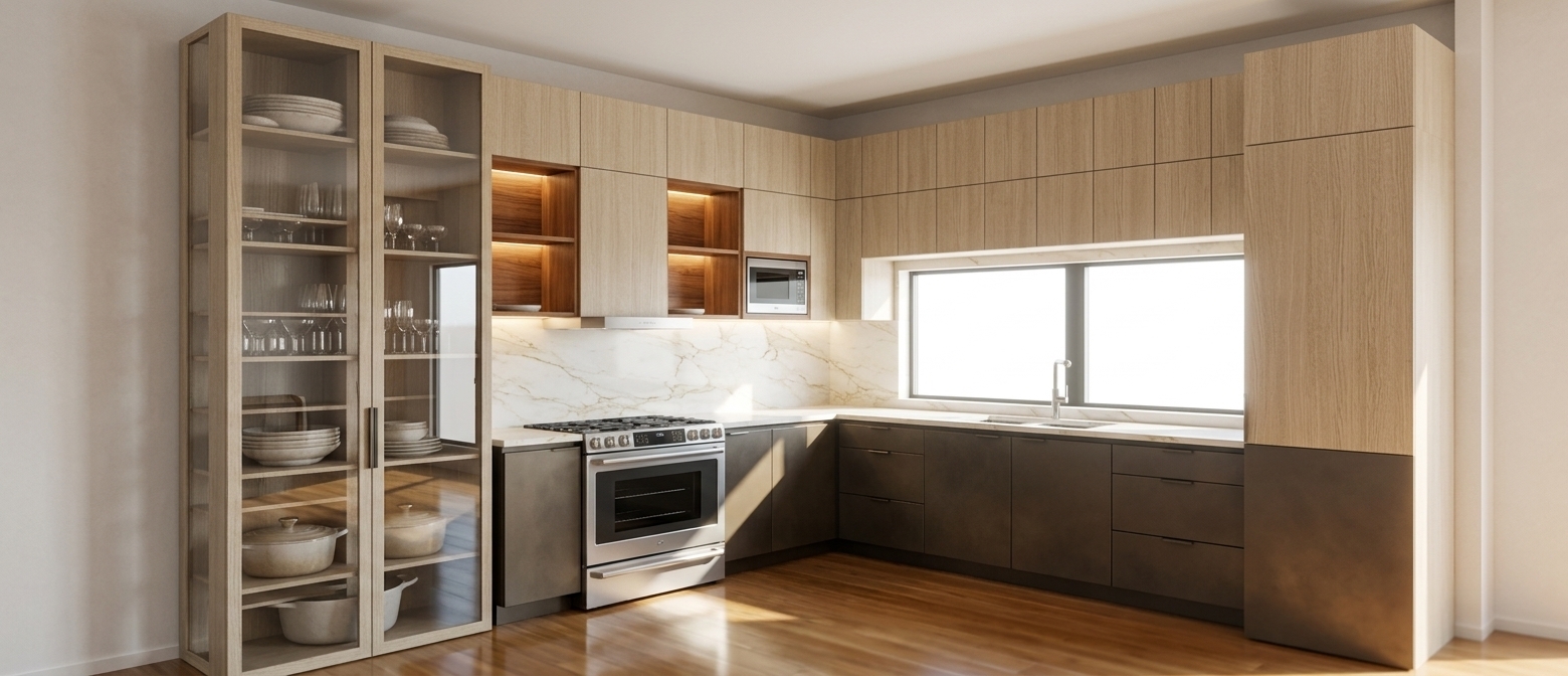 An incredibly lifelike, richly detailed, photorealistic wide-angle interior photograph of a luxurious contemporary kitchen infused with subtle French country elegance, set in a sun-drenched upscale home. The scene is illuminated by brilliant midday summer sunlight streaming through the wide horizontal window, artfully blended with warm, concealed under-cabinet LED strip lights that cast soft, realistic gradients and delicate edge highlights, creating an inviting, bright, and impeccably sophisticated atmosphere. Captured with a professional 24mm tilt-shift architectural lens, emphasizing tactile textures and rich finishes—from the fine, tactile grain of the light oat upper cabinets and rich natural wood cubbies to the velvety matte charcoal-bronze lower units. A tall, smoked-glass pantry with sleek black framing glows softly from within, highlighting neatly organized artisanal ceramic cookware and sparkling crystal glassware. The seamless, high-end polished marble backsplash and countertops gleam with delicate, refined golden-grey veining, perfectly complementing the crisp stainless steel accents of the professional oven range and streamlined sink faucet. Subtle, glossy reflections bounce softly off the polished flooring, completing an image of pristine craftsmanship and timeless luxury.
