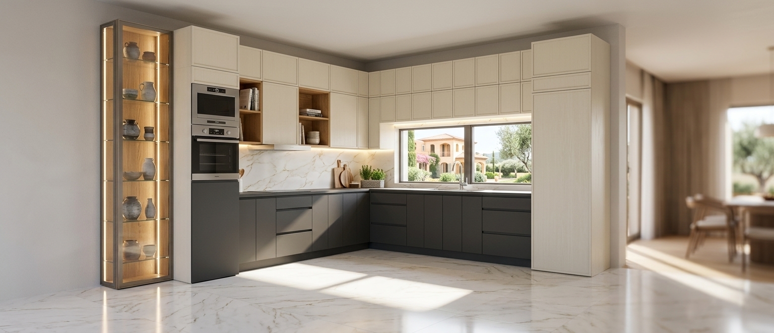 An incredibly lifelike, richly detailed, photorealistic wide-angle interior shot of a bespoke contemporary kitchen set in an elegant Mediterranean retreat. The scene is illuminated by bright midday spring sunlight pouring through the wide picture window complemented by warm, concealed under-cabinet LED strip lighting, creating a bright, sophisticated, and welcoming atmosphere. Captured with a 24mm architectural tilt-shift lens, emphasizing the rich tactile contrast between the ultra-matte charcoal cabinetry, soft cream upper paneling, warm natural oak niches, and a polished white marble backsplash laced with delicate gold veining. Precision-crafted brushed stainless-steel built-in ovens, a sleek gooseneck faucet, and the tall, illuminated glass vitrine add refined luxury, while soft specular highlights and gentle geometric shadows cast across the polished reflective flooring enhance the kitchen's impeccably balanced, modern composition.