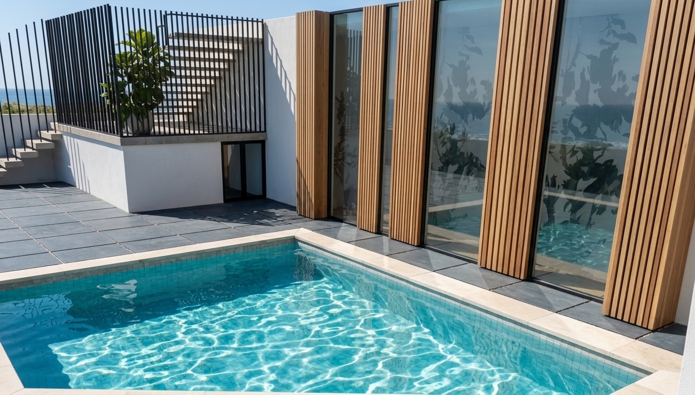 An incredibly lifelike, richly detailed, photorealistic eye-level architectural shot of a modern outdoor pool area set in a sun-drenched coastal retreat during a clear spring midday. The scene is illuminated by brilliant, sun-kissed natural daylight with shimmering light caustics dancing from the turquoise water, creating an airy, fresh, and inviting coastal atmosphere stirred by a soft sea breeze. Captured with a professional 24mm architectural lens, emphasizing the rich grain of vertical natural timber fins, crisp stone coping, and the crystalline depth of the swimming pool. Flanked by tall floor-to-ceiling glass panels reflecting subtle botanical silhouettes, the space features clean white stucco walls, sleek dark slate patio pavers, and an elevated terrace framed by slim black balustrades housing lush potted greenery, all tied together in a harmonious palette of ocean blues, sandy neutrals, and warm woods.