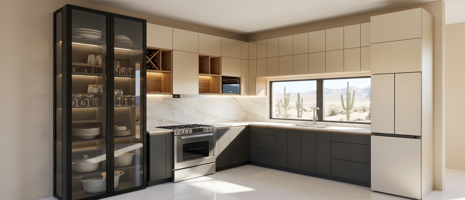 An incredibly lifelike, richly detailed, photorealistic wide-angle interior shot of a luxurious contemporary L-shaped kitchen set in a high-end desert retreat. The scene is illuminated by radiant, soft midday spring sunlight streaming through the wide horizontal picture window paired with warm, integrated under-cabinet and showcase LED strip lighting, creating a warm, tranquil, and distinctly upscale atmosphere. Captured with a 35mm architectural tilt-shift lens at eye level, emphasizing the rich contrast of matte charcoal base cabinetry, refined champagne-textured upper panels, warm natural wood niche accents, and the lustrous polished white marble backsplash laced with subtle, elegant gold veining. On the left, a tall, sleek black-framed glass vitrine elegantly presents neatly stacked artisanal ceramics and fine glassware with soft internal illumination, while the state-of-the-art stainless-steel range oven, minimalist microwave, and sleek under-mount faucet add crisp metallic highlights. Subtle reflections of the sunlit desert vista shimmer across the windowpane and the polished designer flooring below, grounding the exact architectural geometry with photorealistic depth, exquisite soft shadows, and immaculate material finishes.