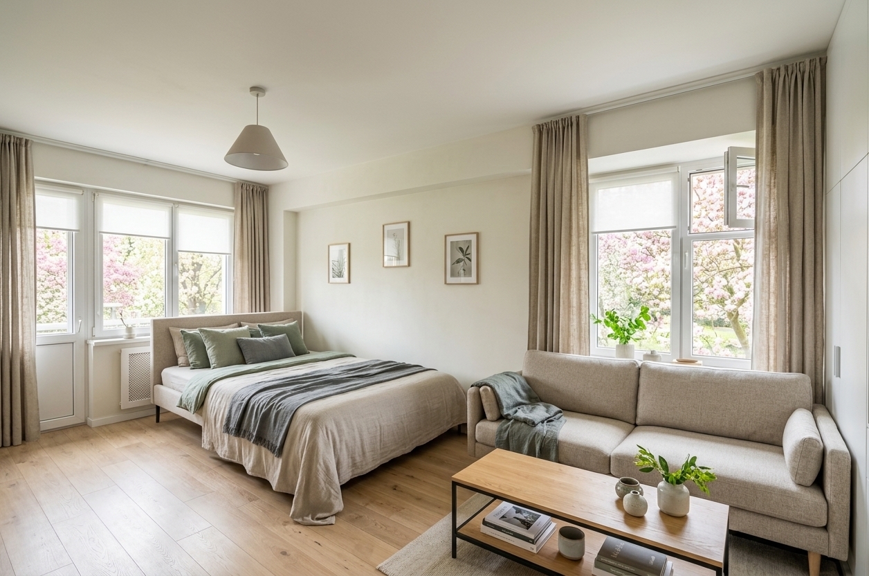 An incredibly lifelike, richly detailed, photorealistic wide-angle interior shot of a reimagined Scandinavian sanctuary living room set in a modern, light-filled apartment during a serene spring midday. The scene is illuminated by abundant, diffused natural sunlight pouring through large clear windows, creating a tranquil, bright, and airy atmosphere. Captured with a professional 24mm architectural lens, emphasizing tactile textures of woven plush textiles, light natural oak grain, and minimalist matte-finished furniture. 

Elevating the original layout into a dedicated hygge-inspired living lounge, the dated wallpaper is replaced with smooth, lime-washed off-white walls accented by minimalist, nature-inspired botanical prints. The tailored sofa in textured oatmeal upholstery is layered with cozy sage-green and slate-gray linen cushions, positioned gracefully over a chunky wool area rug. In place of the sleeping area, a low-profile natural blonde wood and black steel media console is thoughtfully curated with design and photography books, ceramic vessels, and subtle, vibrant greenery, harmonizing seamlessly with the leafy, blossoming springtime views outside the unobstructed windows.