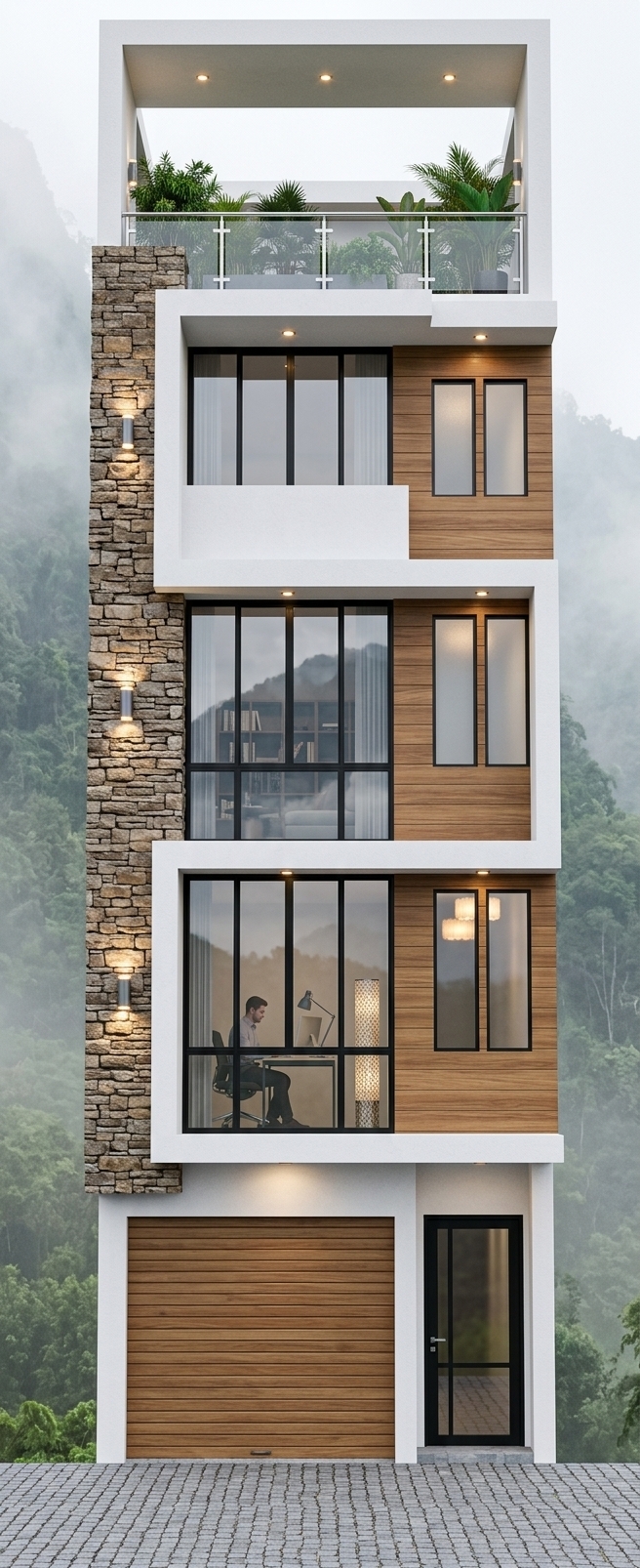 An incredibly lifelike, richly detailed, photorealistic straight-on vertical exterior shot of a sleek, modern multi-story townhouse set in a lush, mist-shrouded mountainous environment. The scene is illuminated by soft, diffused daylight combined with the warm, inviting glow of integrated LED soffit downlights and modern exterior wall sconces, creating an elegant and serene atmosphere. Captured with a professional architectural tilt-shift lens on a full-frame camera, emphasizing the crisp geometric lines, tactile surface textures, and nuanced reflections on expansive glass panes.

The building's slender vertical facade exhibits a dynamic modern fusion of organic and industrial materials. Bold, clean white stucco box frames delineate the levels, adding modular depth through subtle cantilevers and crisp shadow lines. On the left side, a continuous vertical column of rugged, earth-toned stacked stone veneer provides natural texture, punctuated at each level by glowing cylindrical up-and-down wall sconces. In contrast, the right facade is clad in refined, horizontal warm wood-grain paneling, beautifully balancing the rustic stonework.

Large industrial-inspired multi-pane windows with slim, matte-black powder-coated aluminum frames dominate each level, mirroring the misty, forested greenery of the surrounding mountains. Through the transparent glass of the second level, a resident can be seen working comfortably at a desk, introducing a subtle narrative of everyday urban-modern living. 

The ground floor seamlessly integrates function with style, featuring a horizontal-slat wooden roll-up garage door beside a matching black-framed glass entry door, all grounded on a textured gray cobblestone pavement. Crowning the structure is a spacious covered rooftop terrace lined with a sleek glass and stainless steel balustrade, adorned with vibrant potted greenery and tropical foliage that softens the building's geometric silhouette against the dramatic natural backdrop.