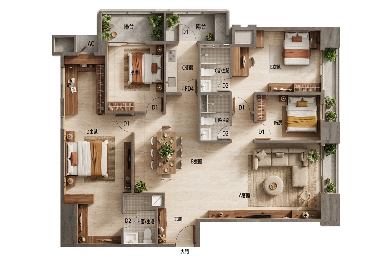 An incredibly lifelike, richly detailed, photorealistic top-down architectural cutaway photograph of a cultured, globe-trotter's luxury apartment set in a serene urban high-rise. The scene is illuminated by soft, natural daylight streaming in from outer balconies alongside warm, recessed ceiling fixtures, creating an inviting, worldly, and sophisticated atmosphere. Captured with a medium-format architectural lens, emphasizing smooth travertine tile flooring, natural grain walnut cabinetry, woven bohemian textiles, and vibrant indoor greenery. The open-concept living and dining spaces showcase an eclectic mix of contemporary plush seating and curated vintage wooden sideboards adorned with travel photography books, collected artifacts, and ceramic pottery. Private bedrooms feature crisp, layered linens accented with earthy terracotta and mustard throws, while the fully equipped kitchen and adjacent tiled bathrooms gleam with polished quartz surfaces, brushed metallic fittings, and framed travel-inspired wall art throughout.
