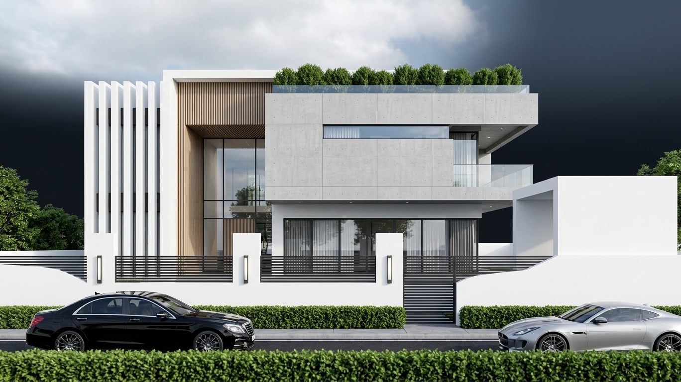 An incredibly lifelike, richly detailed, photorealistic eye-level exterior shot of a luxury minimalist residence set in an upscale, serene suburban landscape. The scene is illuminated by bright, clear daylight filtered through soft, scattered clouds, creating an elegant, crisp, and tranquil atmosphere. Captured with a professional 35mm architectural tilt-shift lens, emphasizing the subtle textures of smooth raw concrete panels, immaculate white stucco, warm vertical timber cladding, and crystalline architectural glass.

The residence showcases a masterclass in modern minimalist geometry, defined by clean lines, interlocking rectilinear volumes, and a sophisticated monochromatic palette of cool greys, bright whites, and natural wood accents. The upper story features a prominent cantilevered volume clad in architectural concrete panels, punctuated by a sleek, narrow horizontal ribbon window and an open-air balcony enclosed by a seamless glass balustrade. Beneath the upper terrace, expansive floor-to-ceiling glass sliding doors and full-height windows with slender dark metal framing blur the boundaries between the interior living spaces and the surrounding landscape. 

To the left, striking vertical white architectural louvers add dynamic texture and rhythm to the facade, while a recessed section lined with fine vertical timber slats surrounds a grand two-story glass atrium. The rooftop is crowned with an integrated linear planter overflowing with lush, manicured green shrubs, reinforcing a harmonious connection with nature. To the right, a detached, pristine white cubic pavilion provides functional architectural balance.

In the foreground, a low, pristine white perimeter wall is integrated with modern horizontal dark metal slat fencing and sleek vertical outdoor sconces. A dense, perfectly trimmed green hedge runs along the curb of the dark asphalt roadway. Two high-performance luxury vehicles—a glossy black sedan on the left and a streamlined silver sports coupe on the right—grace the foreground, lending a dynamic, high-end lifestyle context to this ultra-modern, zen-inspired sanctuary.