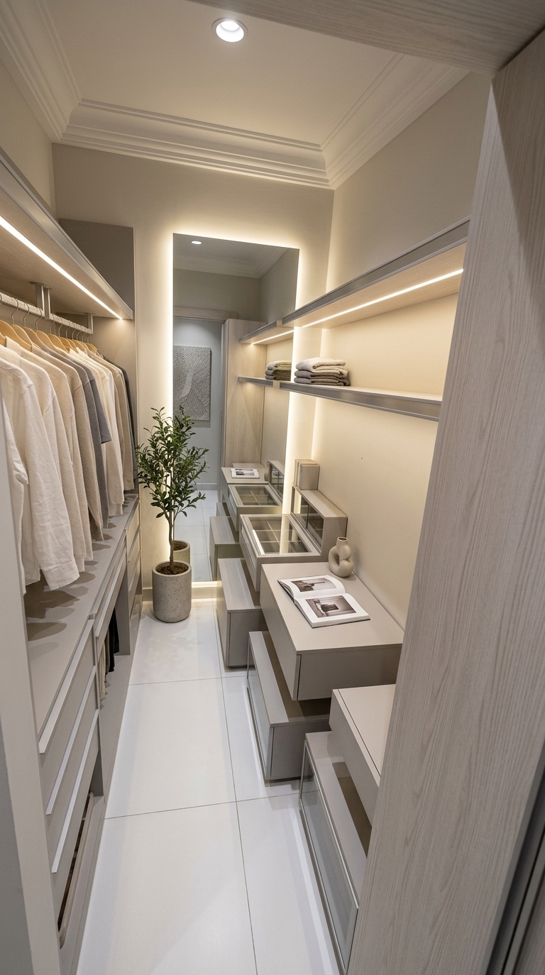 An incredibly lifelike, richly detailed, photorealistic wide-angle interior shot of a luxurious walk-in closet set in a contemporary, high-end residence. The scene is illuminated by concealed warm LED strip lighting integrated seamlessly along floating shelving and soft recessed ceiling fixtures, creating a serene, zen-inspired atmosphere. Captured with a 24mm f/2.8 wide-angle lens, emphasizing the ultra-clean textures of matte off-white cabinetry, pale ash wood paneling, and brushed aluminum accents. Replacing the previous cluttered layout, this transformed minimalist haven features streamlined, floor-to-ceiling built-in wardrobe modules in a monochromatic palette of dove gray, soft linen white, and subtle pastel beige. An organized capsule collection hangs evenly along sleek dark metal rails, while floating drawers maintain completely clutter-free surfaces, elegantly displaying only a single open hardcover photography book and a sculptural ceramic vase. At the far end of the elongated space, a full-height back-lit mirror and a piece of textured monochrome abstract wall art visually expand the room, while a slender potted indoor ficus plant in a concrete planter adds an organic, refreshing touch to the precisely balanced, functional design.