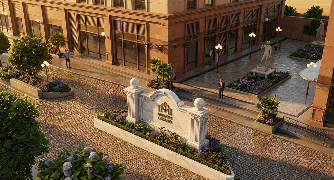 An incredibly lifelike, richly detailed, photorealistic high-angle architectural shot of a luxurious urban plaza entrance set in an upscale, European-inspired metropolitan district. The scene is illuminated by warm, low-angled golden hour sunlight casting dramatic, elongated shadows, creating a serene, sophisticated, and peaceful atmosphere. Captured with a professional tilt-shift architectural lens on a full-frame camera, emphasizing the intricate textures of the cobblestone paving, polished white marble monument adorned with golden "MAISON GIUAND" typography, and lush, manicured greenery. The surrounding environment features elegant terracotta-toned building facades, modern glass storefronts, landscaped floral beds, and a classical stone statue, seamlessly blending timeless classical grandeur with streamlined, uncluttered urban elegance.