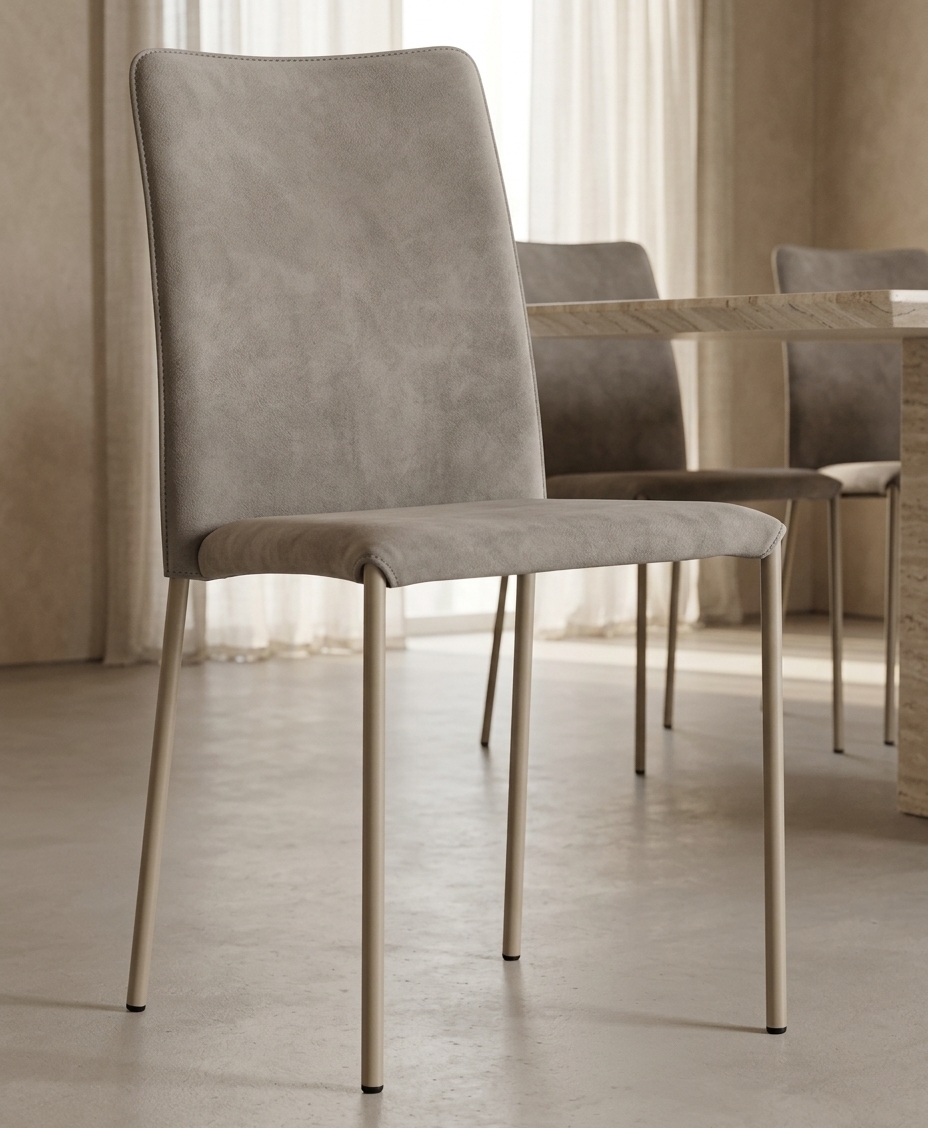 An incredibly lifelike, richly detailed, photorealistic interior shot of a sophisticated dining room set in a serene minimalist haven. The scene is illuminated by soft, diffused morning daylight pouring through sheer floor-to-ceiling linen curtains, creating a calm, warm, and sophisticated atmosphere. Captured with a 50mm f/2.8 lens, emphasizing the fine, velvety suede-like grain of the MIDJ Novabuk upholstery in a subtle Ash Grey, perfectly contrasted against the sleek, matte sand-lacquered metal legs of the reimagined Silvy chair. 

Arranged seamlessly around a streamlined, light-toned travertine dining table, the chair's tailored silhouette and gentle curves anchor the space with understated elegance. The surrounding interior embraces seamless microcement flooring, warm textured plaster walls, and a muted, earthy palette, allowing the chair's refined materiality and balanced proportions to take center stage in a tranquil, contemporary setting.