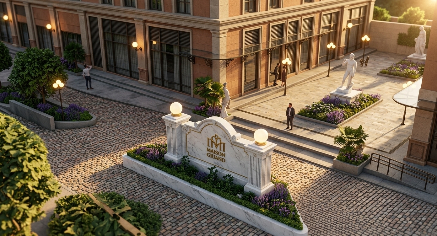 An incredibly lifelike, richly detailed, photorealistic high-angle architectural shot of an upscale pedestrian boulevard and plaza entrance set in an elegant European-inspired luxury urban district. The scene is illuminated by the warm, directional glow of late afternoon sunlight paired with glowing globe street lamps, creating a sophisticated and welcoming atmosphere. Captured with a high-end tilt-shift wide-angle lens, emphasizing the tactile textures of interlocking cobblestones, the polished white marble monument sign engraved with golden typography for "MAISON GIUAND," meticulously arranged flowerbeds with purple blooms, and classical marble sculptures adorning the stately terracotta-toned storefront facades.