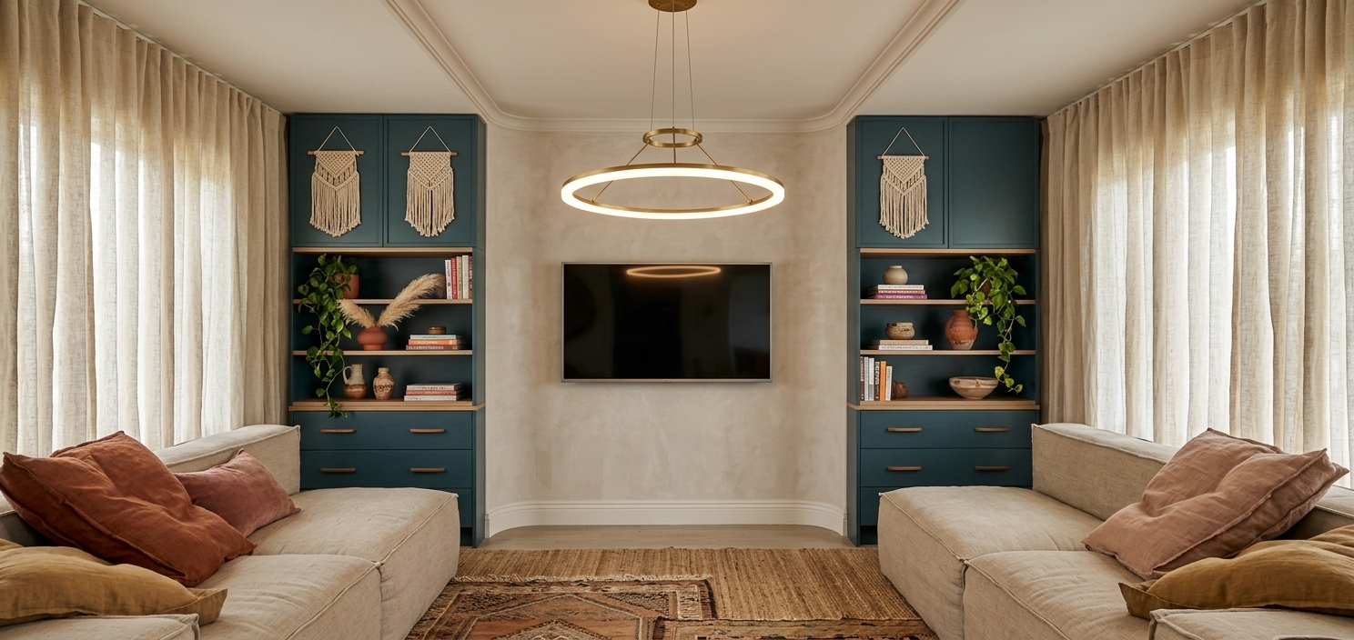 An incredibly lifelike, richly detailed, photorealistic eye-level interior shot of a bohemian oasis living room set in a warm, character-rich residence. The scene is illuminated by the soft ambient glow of a sculptural brass two-ring chandelier suspended from the ceiling and gentle, diffused daylight filtering through the cascading textured curtains lining both walls, creating an inviting, tranquil, and free-spirited atmosphere. Captured with a full-frame architectural camera and a 24mm wide-angle lens, emphasizing rich, tactile fabrics, handcrafted artisan details, and earthy materials. Flanking the room, two spacious low-profile lounge sofas in textured oatmeal linen are generously adorned with plush pillows in warm rust, dusty rose, and muted mustard tones. Symmetrical built-in shelving units in a soothing deep teal frame a central feature wall mounted with a sleek television, tastefully decorated with woven macrame accents, colorful photography books, ceramic earthenware, cascading indoor greenery, and feathery pampas grass in terracotta vases. The smooth floor is warmed by layered vintage kilim and natural jute rugs, tying together the global eclectic decor, earthy neutrals, and balanced architectural composition into an effortlessly stylish bohemian sanctuary.