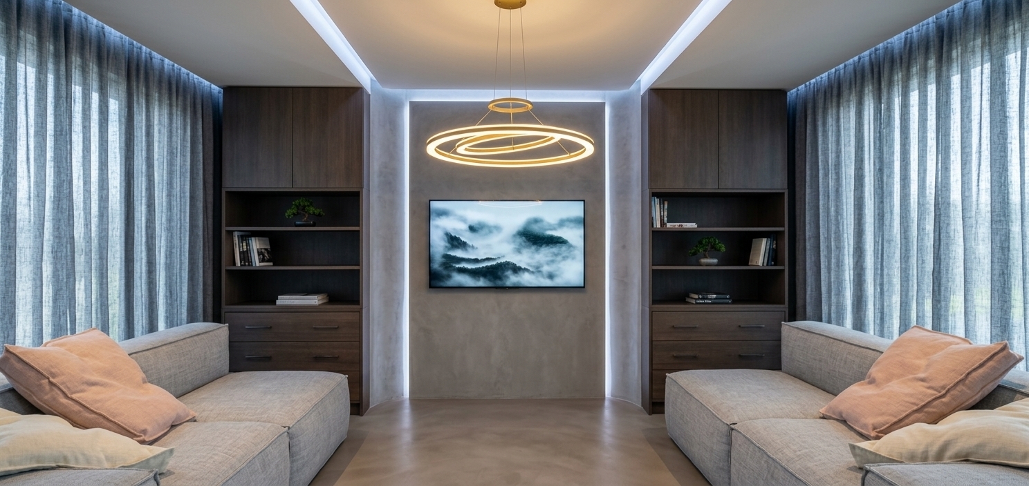 An incredibly lifelike, richly detailed, photorealistic eye-level interior shot of a futuristic Digital Zen living room set in a sophisticated modern penthouse residence. The scene is illuminated by soft diffused daylight filtering through full-height drapery, complemented by the warm golden glow of a sculptural, dual-ring halo chandelier and subtle, cool neon cove backlighting along the architecture, creating a tranquil, high-tech, and serene atmosphere. Captured with a wide-angle architectural lens on a full-frame camera, emphasizing the tactile linen textures, seamless matte joinery, and immaculate spatial symmetry, the composition showcases two facing low-profile modular sofas upholstered in light gray textured fabric with pastel peach and ivory accent pillows. Flanking the sides are rich, rippling floor-to-ceiling curtains in cool charcoal tones that add acoustic warmth and depth. At the center of the balanced layout, a recessed smooth gray feature wall hosts a sleek, ultra-thin digital screen displaying dynamic landscape art, perfectly framed by custom-built minimalist cabinetry and open display shelving on either side that holds curated photography art books and miniature Zen bonsai plants. The seamless taupe microcement floor leads the eye through the clutter-free, streamlined space, masterfully marrying cyberpunk-inspired elegance with peaceful, minimalist sensibilities.