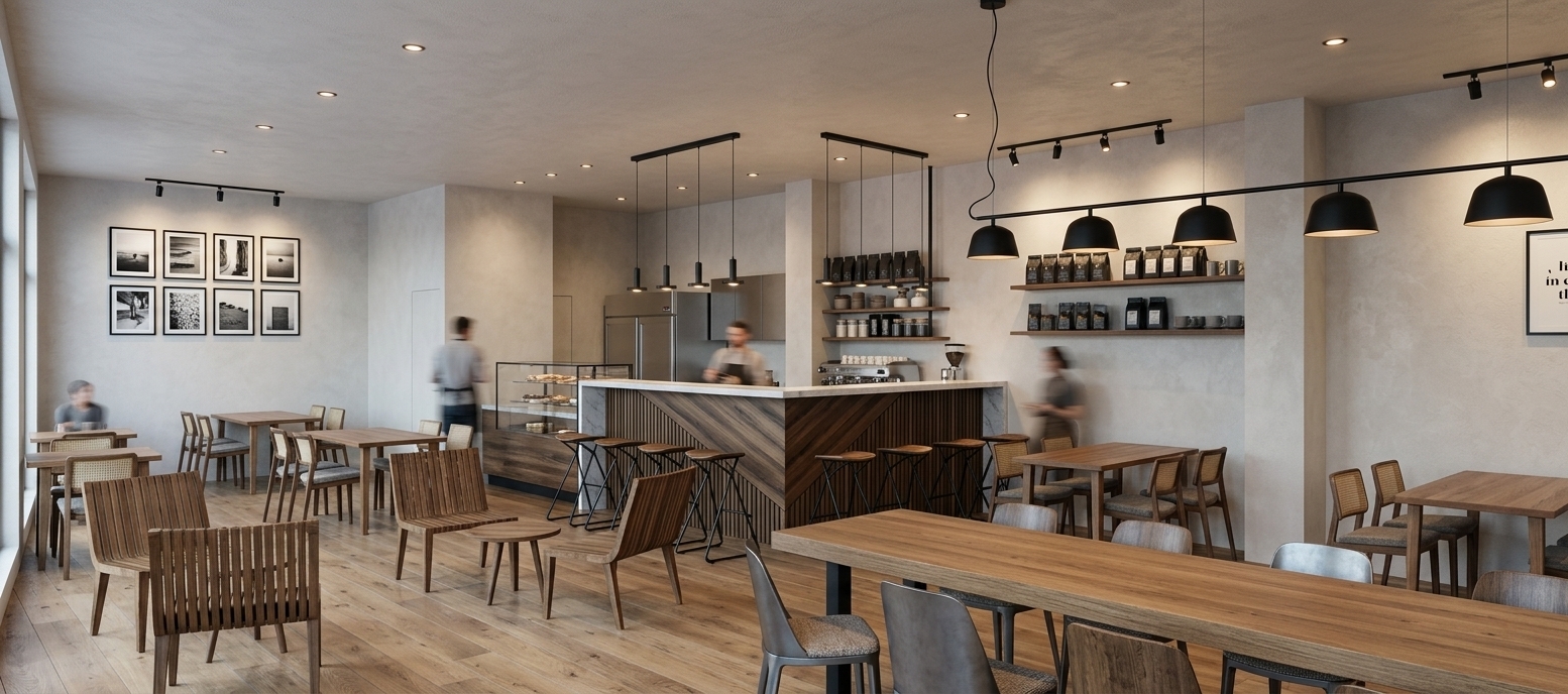 An incredibly lifelike, richly detailed, photorealistic interior photo of a minimalist haven coffee shop set in an urban setting during an autumn midday. The scene is illuminated by soft natural daylight streaming through unseen windows from the left, its cool ambient tones contrasting beautifully with the warm, inviting glow cast by interior track fixtures and matte black pendant lamps, creating a tranquil and cozy atmosphere. Captured with a full-frame camera and a 24mm tilt-shift lens, emphasizing rich natural oak grains, sleek wireframe barstools, polished marble countertops, and textured dark wood floorboards. Subtle motion-blurred figures move gently through the space, adding a lively yet serene rhythm to the environment. The central bar commands attention with its geometric chevron wood-slat facade and clean barista station, while the dining area seamlessly balances a long communal table, intimate two-seater arrangements, and minimalist monochrome gallery frames lining the neutral plaster walls.