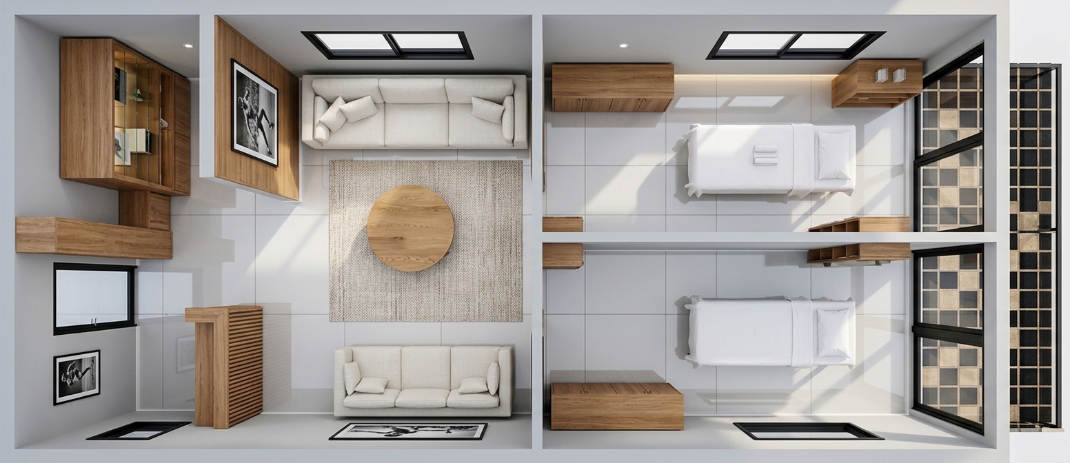 An incredibly lifelike, richly detailed, photorealistic top-down cutaway architectural visualization of a modern sports physiotherapy clinic set in a prestigious urban wellness center. The scene is illuminated by natural midday spring daylight filtering through rear terrace glass doors blended with soft, recessed LED downlights and warm linear cove lighting, creating a calm, sterile, and exceptionally welcoming atmosphere. Captured with an ultra-wide architectural prime lens with crisp corner-to-corner clarity and balanced orthogonal perspective, emphasizing the mirror-like reflections across the large-format glossy Seranit porcelain floor tiles and the smooth, light-gray satin-painted walls. The meticulously planned layout transitions from a warm wood-slat reception desk at the entrance into a bright, contemporary patient lounge furnished with tailored off-white fabric sofas, a low-pile textured area rug, a circular solid oak coffee table, and tastefully mounted black-and-white framed photographs of dynamic athletes. Beyond the reception lounge, two pristine private therapy suites feature ergonomic, crisp white-linen-dressed physiotherapy treatment beds flanked by warm timber casework and elegant wall-mounted display frames, terminating at a polished black-and-tan checkered tiled exterior loggia that enhances the sense of luxury, depth, and spatial refinement.