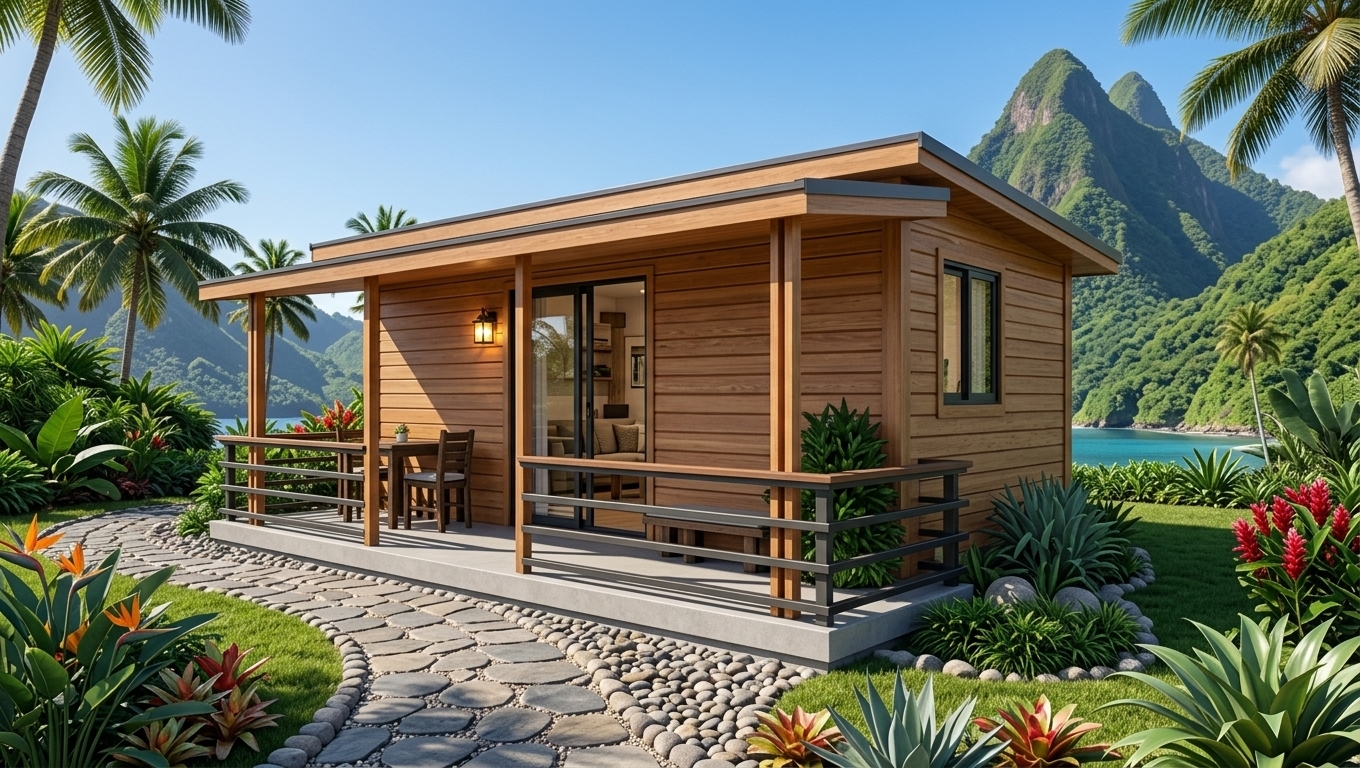 An incredibly lifelike, richly detailed, photorealistic wide-angle exterior shot of a modern, cabin-inspired coastal retreat set in a breathtaking tropical mountain paradise. The scene is illuminated by brilliant midday sunlight and soft ambient sky reflections, creating an inviting, peaceful, and warm atmosphere. Captured with a professional full-frame camera and a 24mm tilt-shift lens, emphasizing the natural wood grain of the horizontal timber siding, the smooth concrete foundation, and the rustic, pebble-bordered flagstone pathway. The compact single-story cottage features a generous covered veranda complete with sleek graphite railings, warm wood accents, and cozy outdoor wooden seating. Surrounding the home, manicured emerald turf and vibrant tropical landscaping frame dramatic views of majestic, jungle-covered mountain peaks meeting the tranquil turquoise sea under a clear blue sky.