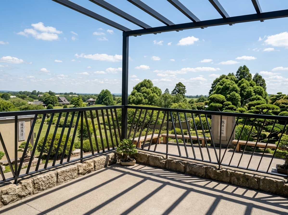 An incredibly lifelike, richly detailed, photorealistic wide-angle architectural shot of a serene Japanese Zen outdoor patio set in an elevated, verdant landscape. The scene is illuminated by bright, direct midday sunlight that casts striking, rhythmic linear shadows across the terrace, creating a tranquil, balanced, and meditative atmosphere. Captured with a medium-format camera and a 24mm wide-angle lens, emphasizing the crisp textures of the matte black steel pergola, geometric balustrades, textured stone foundations, and smooth neutral concrete flooring. Styled with wabi-sabi simplicity, the uncluttered space is adorned with low-profile natural timber seating, subtle Japanese calligraphy accents, and meticulously pruned bonsai plants in muted ceramic vessels, framing the lush expanse of treetops and rolling countryside beyond.