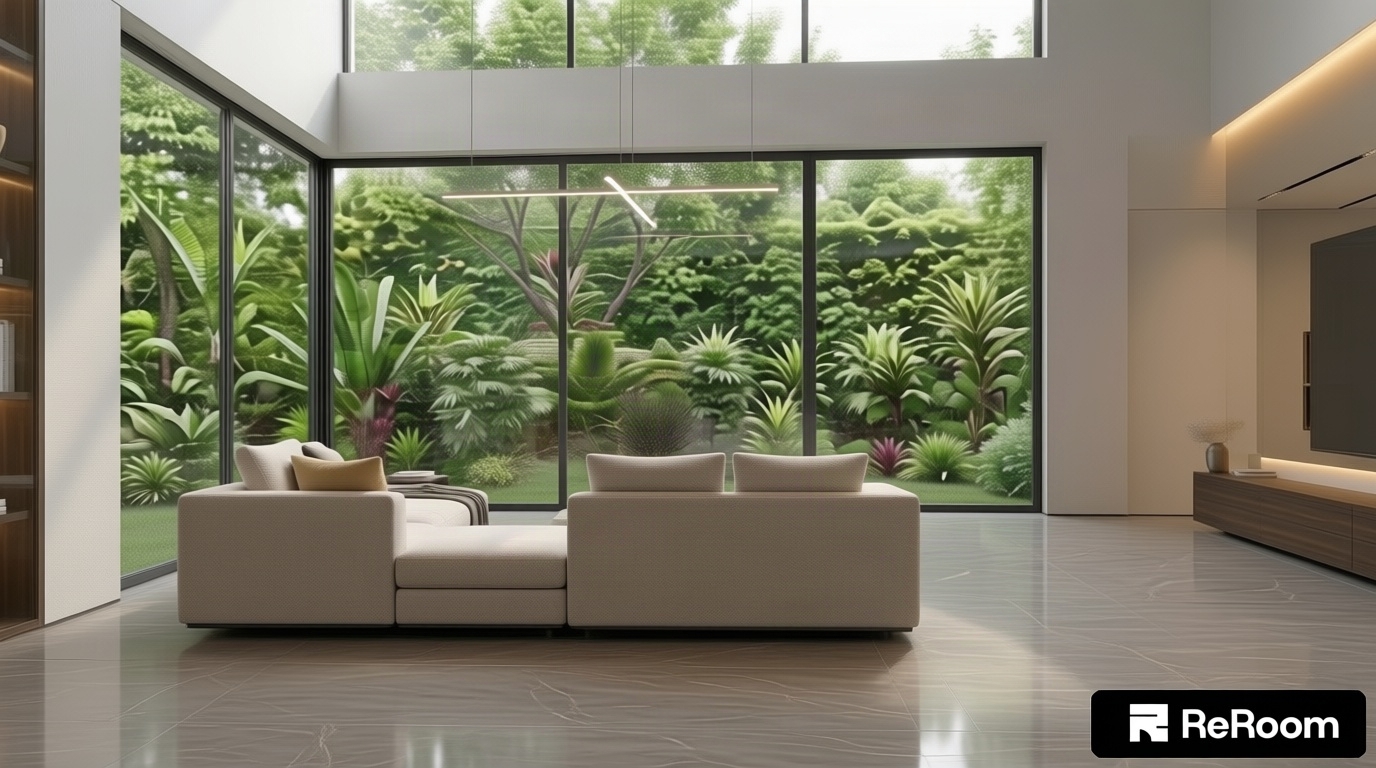 A professional architectural photograph capturing the double-height luxury living room, preserving the exact layout, wide perspective, and geometry with lifelike realism. Soft natural daylight floods through the floor-to-ceiling glass walls from the lush tropical garden, blending seamlessly with the warm ambient illumination from the recessed LED backlit marble TV wall and open shelving. The polished marble floor displays authentic, sharp-to-soft Fresnel reflections with subtle surface micro-scuffs, while the sectional sofa, marble coffee table, and dark wood cabinetry exhibit natural tactile textures. Captured on a 24mm architectural tilt-shift lens with balanced exposure, delicate chromatic nuance, faint natural grain, and gentle corner vignetting.