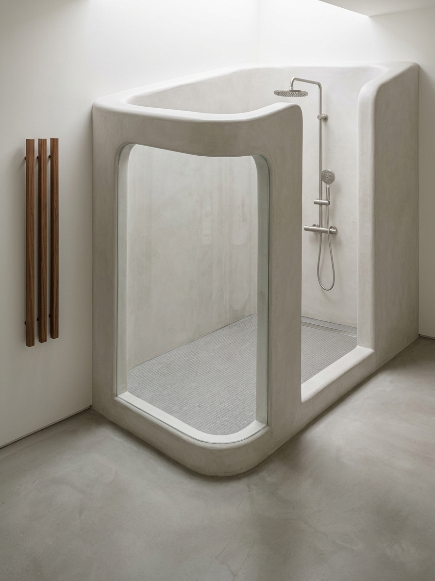 An incredibly lifelike, richly detailed, photorealistic wide-angle interior photograph of a minimalist bathroom haven set in a serene contemporary sanctuary. The scene is illuminated by soft, diffused daylight pouring in from above, creating a calm, zen-inspired atmosphere. Captured with a 24mm tilt-shift architectural lens at f/8, emphasizing the seamless microcement textures, crystal-clear glass, and fine wood grains. On the right, a pristine walk-in shower enclosure features gleaming, brushed-metal modern fixtures with a sleek rain showerhead and handheld wand mounted against soft, matte gray tiling. To the left, a set of slender vertical timber slats adds warm organic texture against the monochromatic, uncluttered walls. The smooth floor transitions gracefully along a gentle, curved contour, entirely clutter-free and complemented by subtle tones of warm white, muted slate, and delicate pastel accents, evoking pure elegance, stillness, and refined functionality.