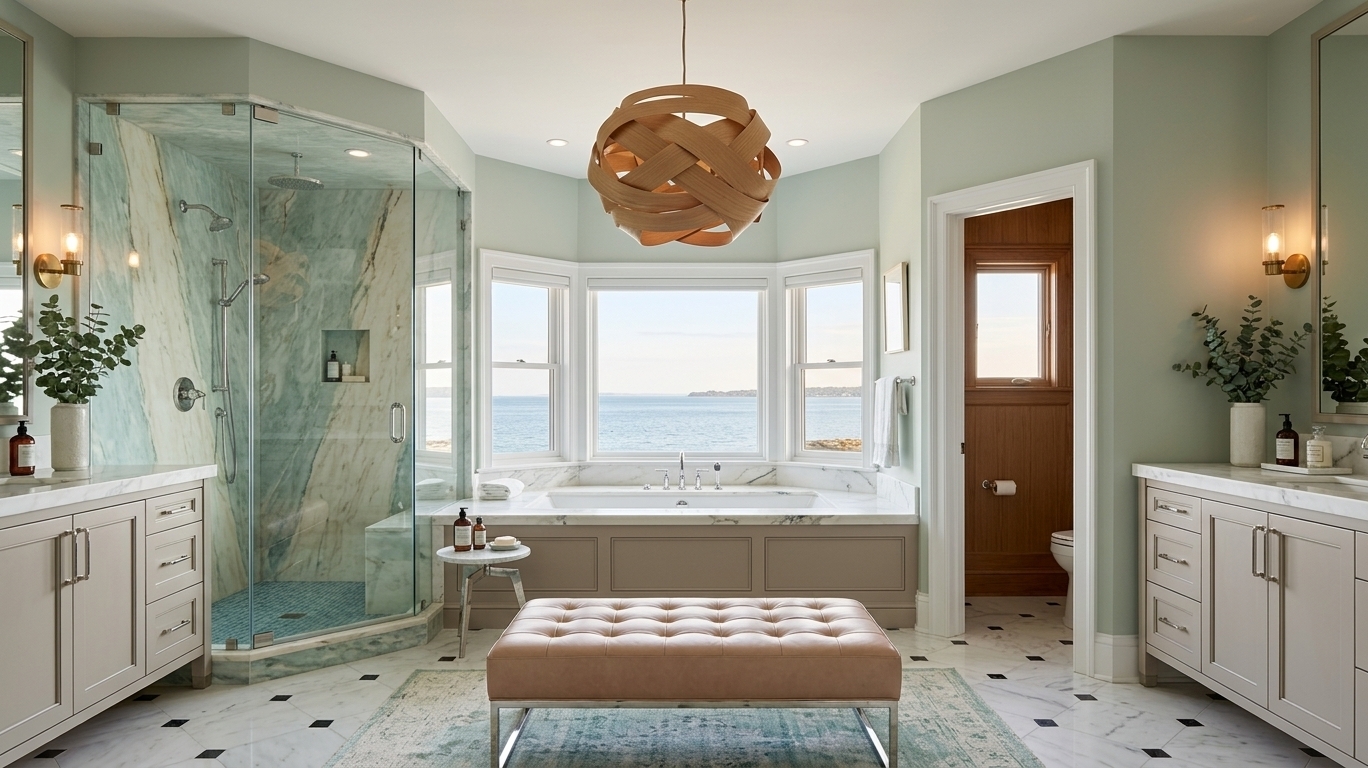 An incredibly lifelike, richly detailed, photorealistic wide-angle interior photograph of a luxurious master bathroom infused with Art Deco glamour, set in an oceanfront coastal estate. The scene is illuminated by soft, diffuse morning daylight pouring through an expansive panoramic bay window overlooking calm coastal waters, seamlessly blended with warm, atmospheric light from recessed ceiling spots and fluted glass brass sconces, creating a serene, opulent, and rejuvenating spa-like atmosphere. Captured with a professional 24mm tilt-shift architectural lens, emphasizing the rich contrast of polished Calacatta marble, delicate seafoam green veined stone, warm natural wood millwork, and refined metallic fixtures.

At the focal center, an elegant bay window nook frames a breathtaking view of the sea and sky. Nestled beneath the white-trimmed windows is a deep soaking tub set within a honed marble surround and muted taupe paneled base, fitted with sleek, minimalist chrome hardware. Suspended above, a dramatic, sculptural pendant light crafted from bent natural wood ribbons casts intricate, warm shadow patterns across the ceiling and soft sage-green walls.

To the left, a frameless corner glass enclosure reveals a spacious walk-in shower lined with swirling sea-green and cream marble slabs, an integrated floating shower bench, a warm LED-backlit shampoo niche, and an ocean-blue mosaic tiled floor under a rainfall chrome fixture. Symmetrically balanced on either side of the room are matching custom vanities crafted from fine-grain wood cabinetry, topped with thick white marble counters and brushed hardware, paired with tall vertical mirrors flanked by Art Deco-inspired double-cylinder brass and glass sconces. 

In the center of the room, a tufted blush-tan leather bench with a sleek chrome frame rests on a distressed seafoam and cream runner, set atop a radiant, polished white marble floor with classic black cabochon diamond inserts. To the right, a crisp white door with a full-length glass pane offers a view into a private, wood-paneled water closet featuring a sleek modern smart toilet. Carefully curated styling—including potted eucalyptus in textured ceramic vases, neat stacks of plush rolled towels, and luxury apothecary bottles—completes the sophisticated, high-end residential composition.