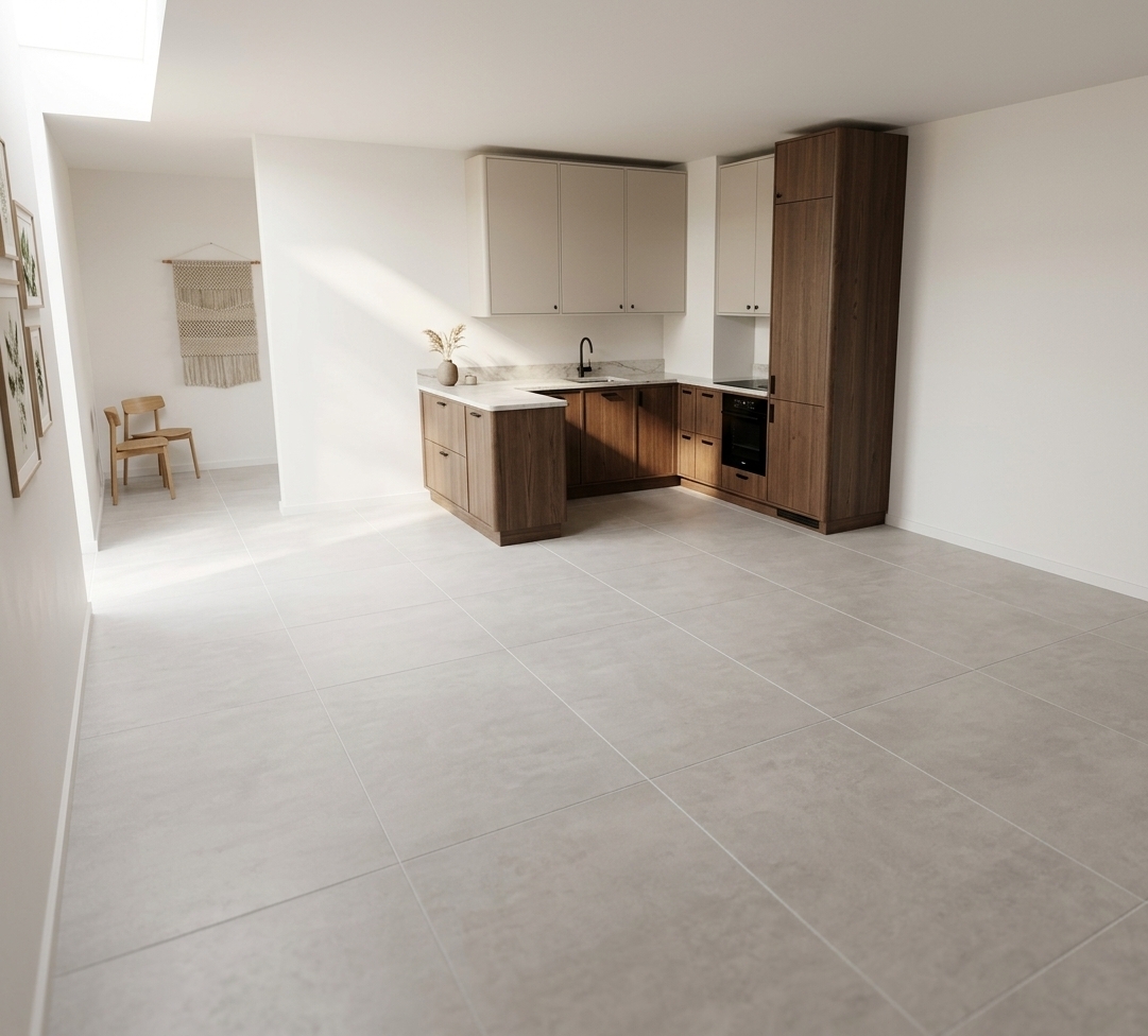 An incredibly lifelike, richly detailed, photorealistic wide-angle interior shot of a modern U-shaped kitchen set in a bright Scandinavian sanctuary home. The scene is illuminated by radiant midday summer light casting soft, natural highlights and gentle shadows throughout the space, creating a serene and sophisticated atmosphere. Captured with a high-end full-frame camera and a 24mm architectural tilt-shift lens, emphasizing the tactile rich grain of the dark brown timber fronts, subtly rounded cabinet edges, and the delicate veining of the light polished marble countertops. The cabinetry layout features sleek dark brown lower units and a tall pantry column paired with soft-toned upper cabinets, all accented with discreet matte black fixtures and built-in black appliances. Large-format light neutral floor tiles subtly reflect the natural ambient illumination against clean off-white walls, evoking a warm, minimalist, and functional Nordic aesthetic.