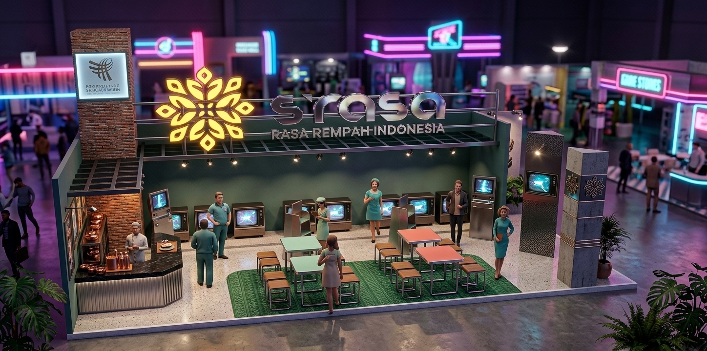 An incredibly lifelike, richly detailed, photorealistic wide-angle isometric view of a retro-futuristic culinary exhibition pavilion set in a vibrant trade hall. The scene is illuminated by bold neon signage, sleek under-canopy track lighting, and soft ambient ambient glows, creating an innovative, nostalgic, and space-age atmosphere. Captured with a high-end full-frame architectural lens, emphasizing the gleaming metallic fixtures, textured brick support pillars, and fluted finishes of the live cooking station. The pavilion integrates streamlined mid-century dining tables and stools set over a lush green floor runner, framed by vintage sci-fi styled graphic displays, metallic branding totems, and polished wooden louvers. Lush indoor accent plants and active figures engaged around the tasting counters infuse this geometric, pastel-and-chrome exhibition space with lively retro-futuristic energy.