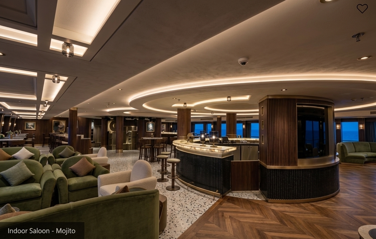 An incredibly lifelike, richly detailed, photorealistic wide-angle shot of a reimagined modern fusion restaurant and cocktail lounge set within a luxury cruise liner. The scene is illuminated by warm recessed cove LEDs integrated into a fluid, sculptural false ceiling, complemented by ambient under-counter lighting and minimalist smoked-glass pendants, creating an intimate, chic, and sophisticated evening atmosphere. Captured with a high-end full-frame camera and a 24mm architectural lens, emphasizing the fine textures of honed Calacatta marble, fluted dark walnut paneling, and brushed champagne-gold metal trims.

The dated, heavy wood millwork has been replaced by a sleek, curvilinear central bar wrapped in ribbed black granite with a glowing, backlit quartzite countertop. Overhead, the low, segmented ceiling is completely transformed into an organic, multi-tiered acoustic plaster canopy with seamless, hidden linear light channels that guide the eye naturally through the spacious venue. In the lounge zones, bulky vintage armchairs make way for bespoke curved banquettes and low-profile swivel chairs upholstered in moss-green velvet and cream bouclé, accented by sleek terrazzo flooring and chevron hardwood parquet that seamlessly anchor this modern, world-class dining destination.