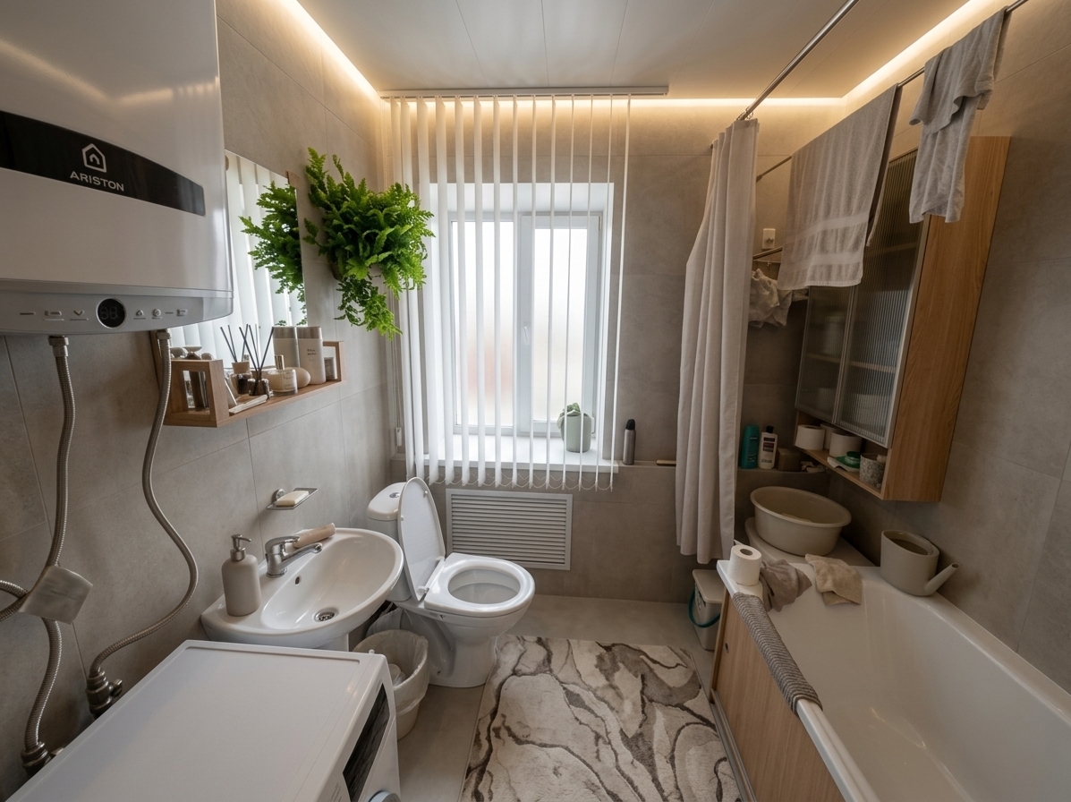 An incredibly lifelike, richly detailed, photorealistic wide-angle interior shot of a reimagined minimalist haven bathroom set in a serene, modern urban apartment. The scene is illuminated by soft, diffused natural daylight streaming through an frosted glass window alongside warm, recessed cove LED lighting, creating an uncluttered and deeply tranquil atmosphere. Captured with a 24mm architectural wide-angle lens, emphasizing the matte textures of large-format greige porcelain wall tiles, smooth microcement flooring, and warm light-oak wood finishes. 

The reimagined space completely eliminates previous clutter with streamlined, functional design: a sleek floating oak vanity with an integrated vessel sink, brushed nickel fixtures, and a hidden, seamless utility cabinet concealing appliances and the water heater. Replacing the old tub is an elegant, open walk-in shower enclosed by a single sheet of fluted glass, while a minimalist wall-hung toilet maintains visual flow. The monochromatic palette of soft whites, pale grays, and subtle pastel stone tones is elevated by minimal decor, featuring a single statement piece of framed abstract wall art, a curated photography book set upon a recessed niche, and a lush, potted Japanese fern adding a touch of vibrant nature to this elegant, Zen-inspired sanctuary.