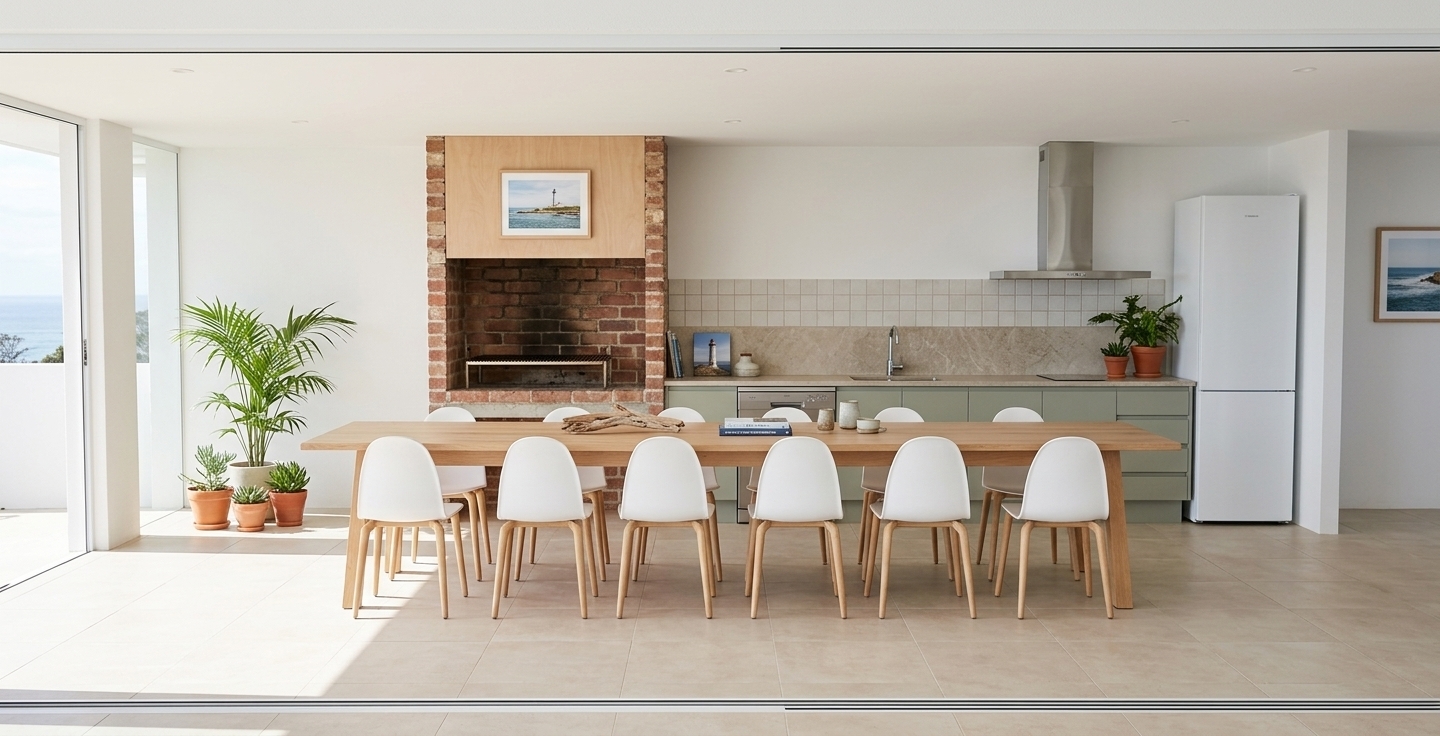 An incredibly lifelike, richly detailed, photorealistic straight-on shot of an open-air indoor-outdoor entertaining kitchen and dining patio set in a breezy seaside retreat. The scene is illuminated by radiant, sun-kissed natural daylight pouring in from the side, creating an airy, light, and relaxed coastal atmosphere. Captured with a full-frame architectural lens at eye level, emphasizing the textured clay-red brick fireplace, polished sandy-grey stone backsplashes, and the smooth grain of light wood accents. The focal point features a rustic built-in barbecue hearth beside modern muted cabinetry, a stainless-steel range hood, and a clean white refrigerator. In the foreground, an expansive dining table lined with crisp white minimalist chairs featuring natural timber legs invites casual gatherings, complemented by subtle coastal decor, a curated photography book, framed seascape wall art along the crisp white walls, and vibrant green potted plants that gently sway in the fresh nautical breeze across the soft beige tiled floor.