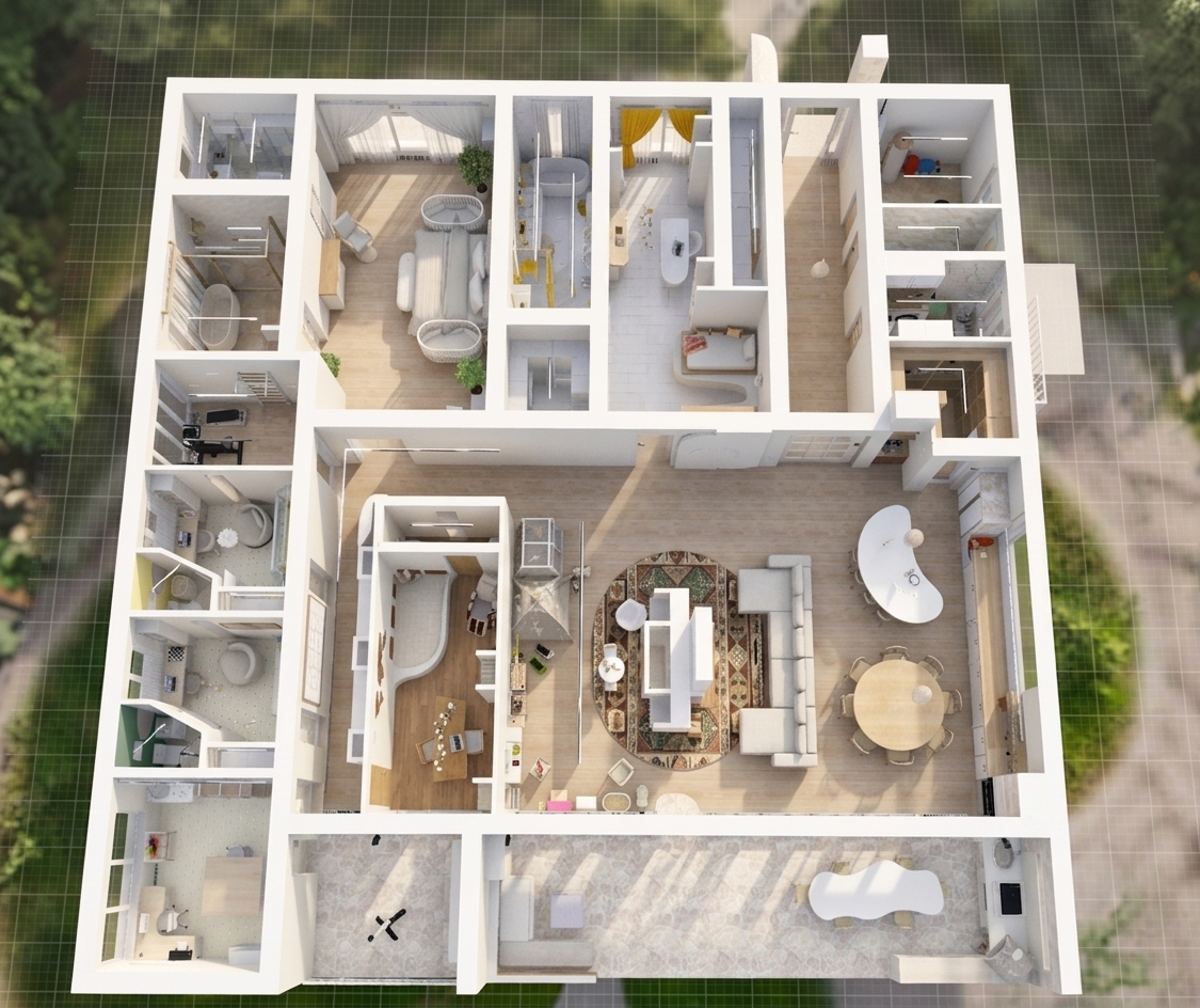 A high-angle architectural photograph of the complete interior floor plan layout, maintaining the exact perspective, geometry, and placement shown in the reference. The scene is illuminated by crisp, natural summer midday sunlight streaming through the windows, casting defined yet soft ambient shadows under the furniture and partition walls. Realistic surface physics bring the materials to life, featuring tactile matte fabrics on the sofas and beds, authentic fine grain on light wood accents, subtle reflections on polished floors and bathroom fixtures, and clean architectural finishes. Captured with a sharp tilt-shift architectural lens, balanced warm daylight color temperature, gentle ambient occlusion, and subtle natural film grain for a photorealistic finish.