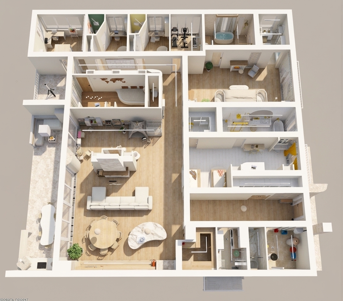 A crisp top-down architectural photograph of the entire floor plan under bright, direct summer midday sunlight. The scene is illuminated by neutral, high-angle daylight pouring in evenly, casting sharp, realistic contact shadows beneath furniture and along cutaway wall edges. Preserve the exact layout, geometry, and placement of every room and piece of furniture while enhancing surface materials with realistic textures: authentic light wood grains, soft matte wall finishes, subtle fabric weaves on sofas and bedding, and gentle specular highlights on bathroom tiles and fixtures. The photograph features clean architectural tilt-shift clarity, balanced exposure with soft ambient bounce light filling the interiors, and a subtle touch of natural sensor grain for photorealistic authenticity.