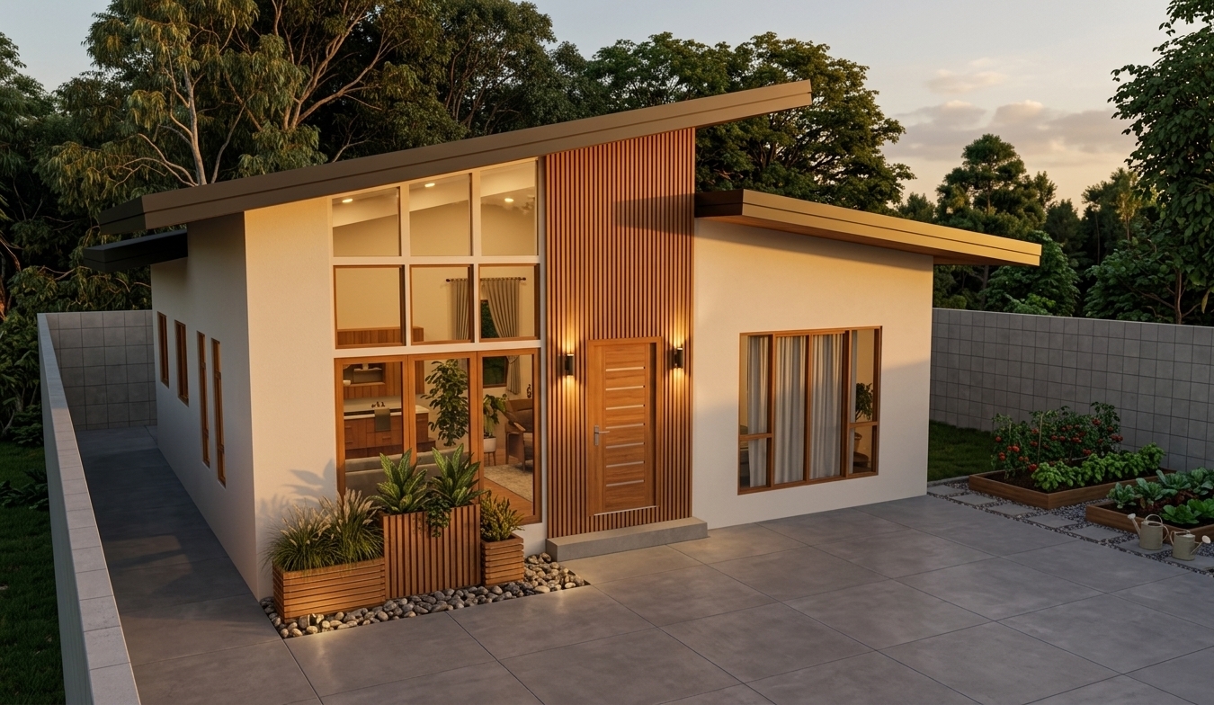 An incredibly lifelike, richly detailed, photorealistic exterior architectural photo of a contemporary minimalist haven set in a serene, nature-fringed suburban sanctuary. The scene is illuminated by the golden amber glow of a low-angled sunset paired with warm, recessed interior and exterior ceiling lights, creating an inviting and tranquil atmosphere. Captured with a high-end full-frame camera and a 35mm tilt-shift architectural lens, emphasizing the crisp geometry of smooth off-white stucco walls, rich wood grains, and soft twilight shadows. The dynamic roofline shelters a facade highlighted by a striking vertical fluted teak accent wall, which is elegantly graze-lit by sleek up-and-down exterior wall sconces. Expansive double-height and horizontal windows are framed in premium teakwood finishes, providing glimpses into the warm, illuminated open-concept interior, while a solid hardwood panel entrance door with polished metallic hardware anchors the entryway. Outside, the property is elevated by thoughtfully designed front landscaping featuring layered ornamental grasses, river rock borders, and modern slatted planter boxes, extending seamlessly toward a neatly arranged raised-bed vegetable garden thriving in the vacant, sun-dappled lawn to the right of the residence.