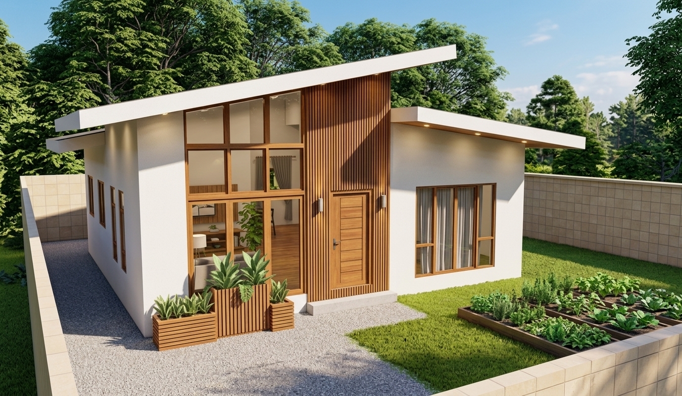 An incredibly lifelike, richly detailed, photorealistic eye-level architectural exterior shot of a minimalist modern home set in a lush, sun-drenched private compound. The scene is illuminated by brilliant midday summer sunlight casting clean, geometric shadows, harmoniously paired with warm recessed ceiling lights tucked beneath the roof soffits and elegant, minimalist wall sconces grazing the rich vertical fluted accent wall, creating a serene, upscale, and inviting atmosphere. Captured with a professional architectural camera and a 24mm tilt-shift lens, emphasizing the rich, natural grain of the polished teakwood-finished window frames, the tactile texture of smooth white stucco, and the solid craftsmanship of the hardwood panel front door. Through the dramatic floor-to-ceiling split-level windows, subtle ambient interior ceiling lights illuminate a refined, clutter-free living space with warm wood floors and contemporary furniture. The foreground features tailored minimalist landscaping with sculptural planters and ornamental green foliage along a smooth gravel driveway, while the sunlit open lawn to the right flourishes with a neatly structured, thriving raised-bed vegetable garden filled with herbs and leafy greens, all framed by a tranquil perimeter wall and dense, verdant summer trees against a clear blue sky.