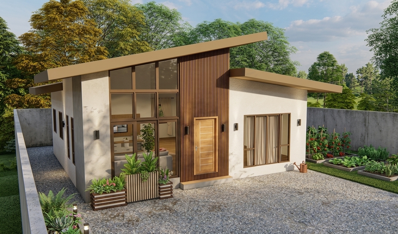 A crisp architectural photograph capturing the exact minimalist modern house from the same elevated perspective, retaining its original structure, roofline, and wall tones with realistic physical textures. The exterior features natural off-white stucco, rich teakwood window frames with authentic glass reflections, a solid hardwood panel front door, and fine vertical fluted wood siding accented with discreet, softly glowing modern wall sconces. Warm interior lighting and subtle exterior ceiling downlights cast an inviting ambiance. The yard presents realistic compacted gravel paving in the driveway, lush front planter greenery, and a tidy vegetable garden neatly cultivated in the right-side lawn within the existing boundary walls. Captured in balanced late-afternoon sunlight with sharp architectural clarity, authentic ambient shadows, natural surface micro-textures, and subtle filmic grain.