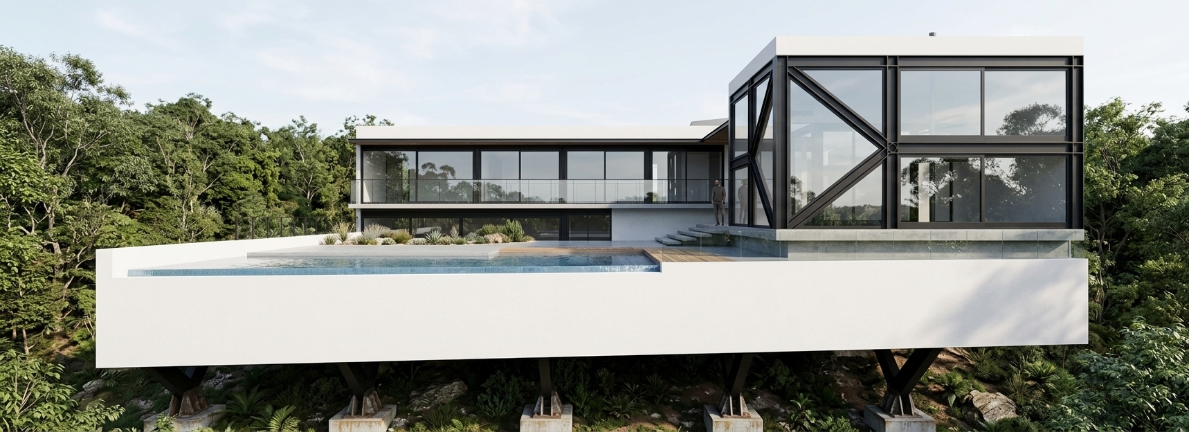 An incredibly lifelike, richly detailed, photorealistic wide-angle architectural shot of a contemporary elevated residence set in a lush hillside with dense native forest below. The scene is illuminated by bright, clear natural daylight casting soft, elegant shadows and realistic sky reflections across the expansive glazing, creating a sophisticated and serene atmosphere. Captured with a professional 35mm architectural tilt-shift lens, emphasizing crisp white masonry parapets, sleek matte-black steel structural framing with prominent diagonal cross-braces, and crystal-clear floor-to-ceiling glass panels. An integrated infinity-edge pool gleams on the cantilevered terrace, while the building is dramatically supported above the sloping green terrain by heavy-duty black steel V-columns resting on exposed concrete footings, perfectly uniting modern industrial precision with the vibrant organic greenery.