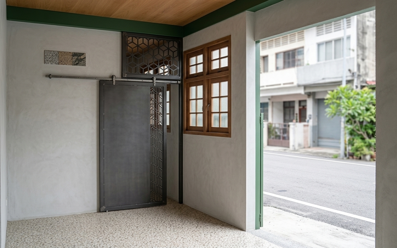 An incredibly lifelike, richly detailed, photorealistic eye-level architectural shot of a modern industrial covered entryway and transitional corridor set in a contemporary urban residence. The scene is illuminated by soft, indirect overcast daylight diffusing gently from the exterior opening, creating a calm, authentic, and naturally grounded atmosphere. Captured with a 35mm wide-angle lens at a candid standing perspective, emphasizing tactile matte finishes, crisp fabrication joints, and ambient shadow falloff across diverse architectural materials. At the heart of the space, a custom fabricated horizontal sliding door made of flat mild steel plate features a durable dark charcoal matte powder-coated finish, complete with authentic folded edges and suspended from an exposed industrial top-mounted steel track with heavy-duty roller hangers. Integrating seamlessly into the upper transom and door leaf, an intricate laser-cut geometric screen creates an elegant lattice pattern that offers subtle airflow and tactile depth while maintaining solid visual privacy below. Overhead, a warm, natural wood-veneered ceiling is framed by a rich forest-green structural fascia beam, harmonizing with the light-grey plastered walls and small, warm timber-framed casement windows on the right wall that reflect faint sky tones, all grounded by a resilient surface of speckled, pale mosaic floor tiles carrying soft, diffused ambient light into the interior.