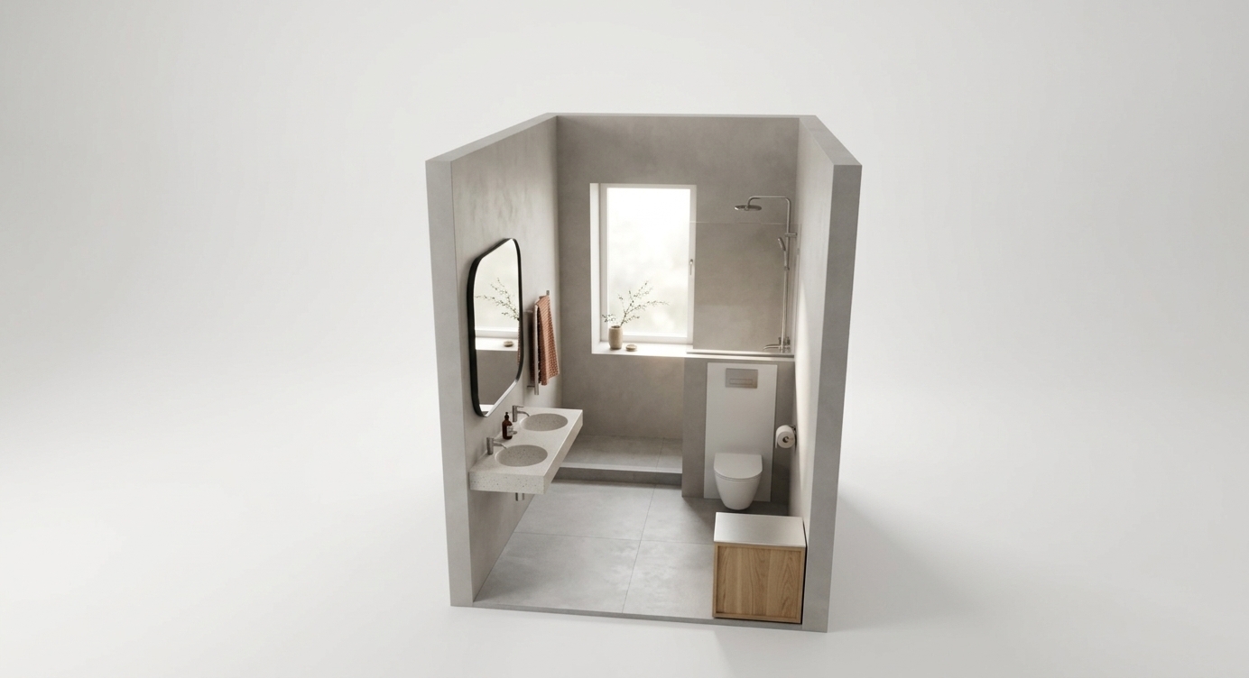 An incredibly lifelike, richly detailed, photorealistic high-angle cutaway rendering of a compact Scandinavian sanctuary bathroom set in a contemporary minimalist home. The scene is illuminated by soft, natural morning light pouring through the deep-set vertical window, creating a tranquil, bright, and hygge-inspired atmosphere. Captured with a professional 35mm architectural lens, emphasizing smooth matte microcement walls, fine ceramic finishes, and sleek brushed metal fixtures. 

The serene composition harmonizes shades of soft concrete gray, crisp white, and subtle earthy undertones. Along the left wall, a streamlined dual-basin floating vanity sits beneath a large rounded-edge mirror and a minimalist heated towel rail. The shower area on the right features an elegant rain-shower head and a built-in wall-hung toilet niche, balanced by a low natural wood and metal storage block in the foreground. Accented by plush organic waffle-knit towels and a touch of delicate greenery resting near the sunlit window ledge, this thoughtfully zoned space exudes warmth, simplicity, and refined modern elegance.