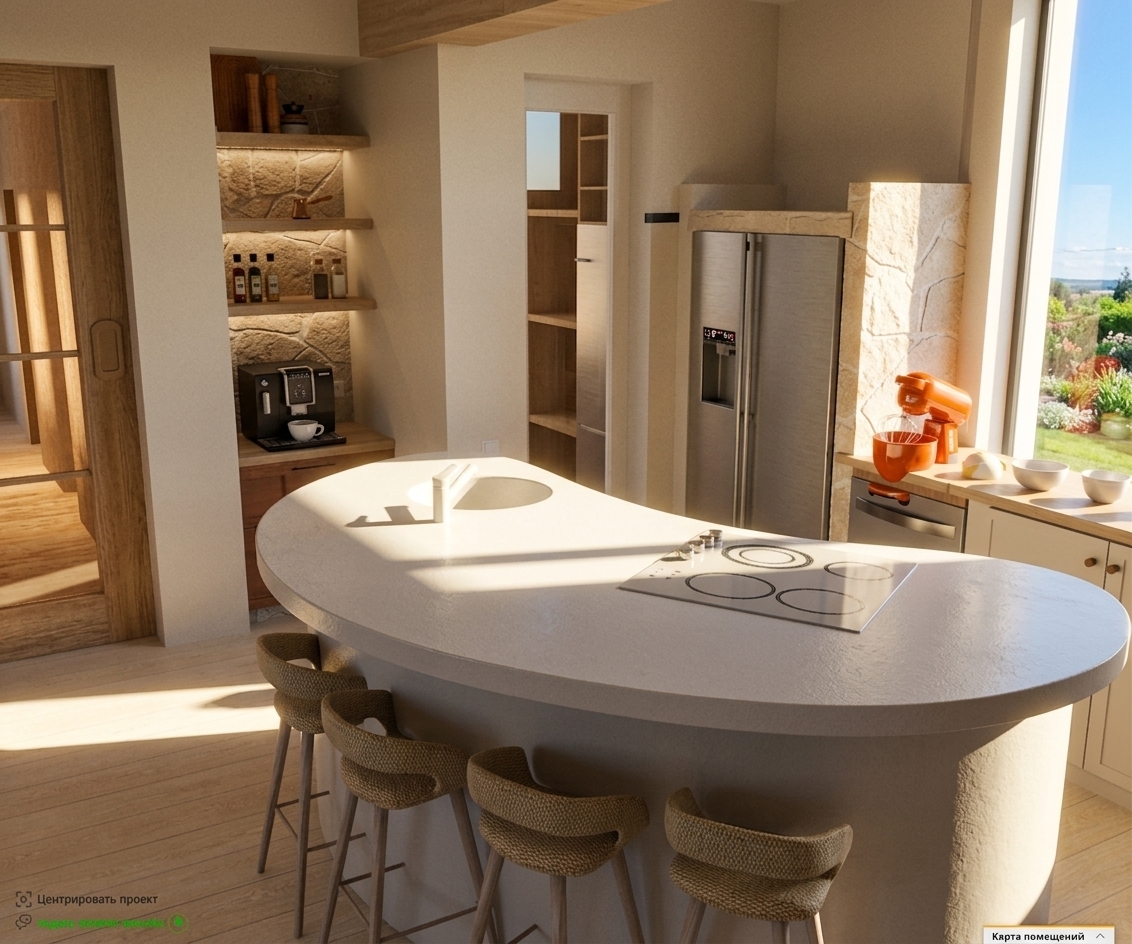 A photorealistic interior photograph of this kitchen scene under intense, bright midday summer sunlight flooding in through the window, casting crisp natural shadows across the pale wood flooring. The curved island features a realistic matte solid-surface texture with a glossy white glass-ceramic cooktop showing subtle reflections. The woven barstools display authentic textured fibers and natural wooden legs, complemented by rough, tactile stone feature walls and warm wood cabinetry. Captured with a wide-angle 24mm architectural lens, emphasizing natural high-key daylight, subtle depth of field, balanced exposure, and accurate material finishes without altering the composition or geometry.