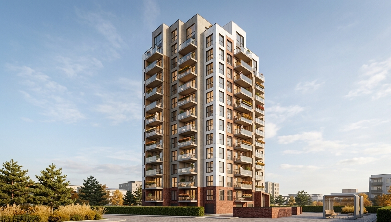 An incredibly lifelike, richly detailed, photorealistic low-angle architectural photo of a modern fourteen-story apartment building set in a vibrant urban autumn environment. The scene is illuminated by crisp, golden midday sunlight alongside warm, ambient interior glows emanating through expansive windows, creating an inviting and sophisticated Scandinavian sanctuary atmosphere. Captured with a professional tilt-shift wide-angle lens, emphasizing the interplay of textured multi-toned concrete finishes, sleek white metal composite cladding, warm vertical wooden lamellas, and rich red brick accents. The building’s stepped, geometric crown and modular facade are highlighted by clean lines and stark, elegant anthracite window frames, while glass-railed balconies feature lush planter boxes with autumn flowers, cozy lounge furniture, and residents casually enjoying the expansive view. Glimpses into individual apartments reveal warmly lit, minimalist living rooms styled with pale woods and designer fixtures, harmoniously contrasting with the surrounding base landscaping of low-maintenance pine trees, golden ornamental grasses, and clean manicured hedges beneath a clear, atmospheric autumn sky.