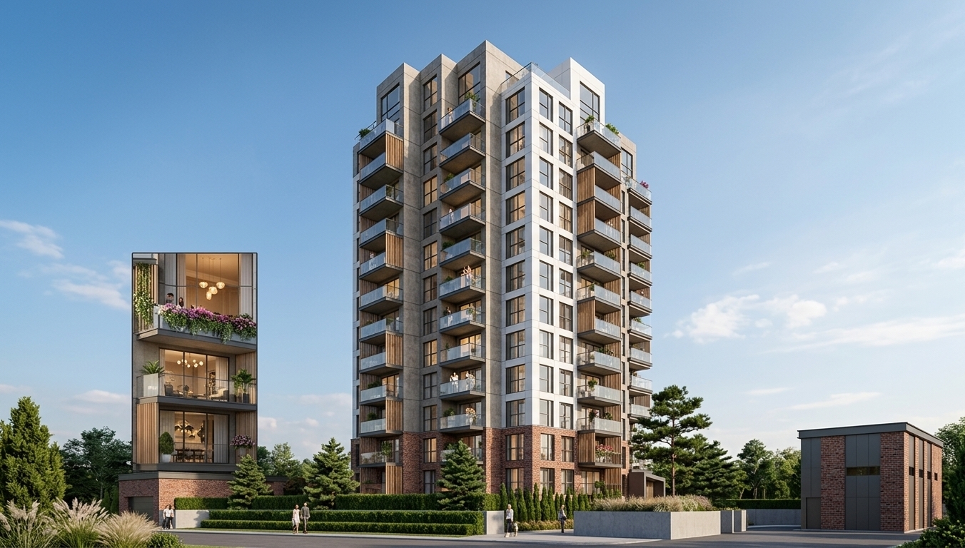 An incredibly lifelike, richly detailed, photorealistic dynamic perspective architectural shot of a modern 14-story luxury apartment building set in a sophisticated urban environment. The scene is illuminated by clear, natural midday sunlight harmonized with warm, inviting ambient light glowing from within select living room interiors, creating a vibrant, upscale atmosphere of understated luxury and contemporary elegance. Captured with a professional tilt-shift lens, emphasizing the intricate textures of multi-toned architectural concrete, crisp white metal cladding, rustic red brick accents, and warm vertical wooden lamellas. The tower's rhythmic facade boasts expansive floor-to-ceiling windows framed in sleek, dark charcoal metal, seamlessly integrated with transparent glazed balcony railings that reflect the soft daylight. On multiple cantilevered terraces, fashionable residents can be seen enjoying the afternoon breeze amidst lush potted flowers and cascading greenery, while visible interiors showcase subtle Art Deco glamour with warm pendant lighting and refined decor. At street level, meticulously manicured evergreen hedges, sculptural pine trees, and ornamental grasses ground the structure, while its stepped geometric penthouse levels soar cleanly toward an immaculate sky, accentuating the building’s striking verticality and technological precision.