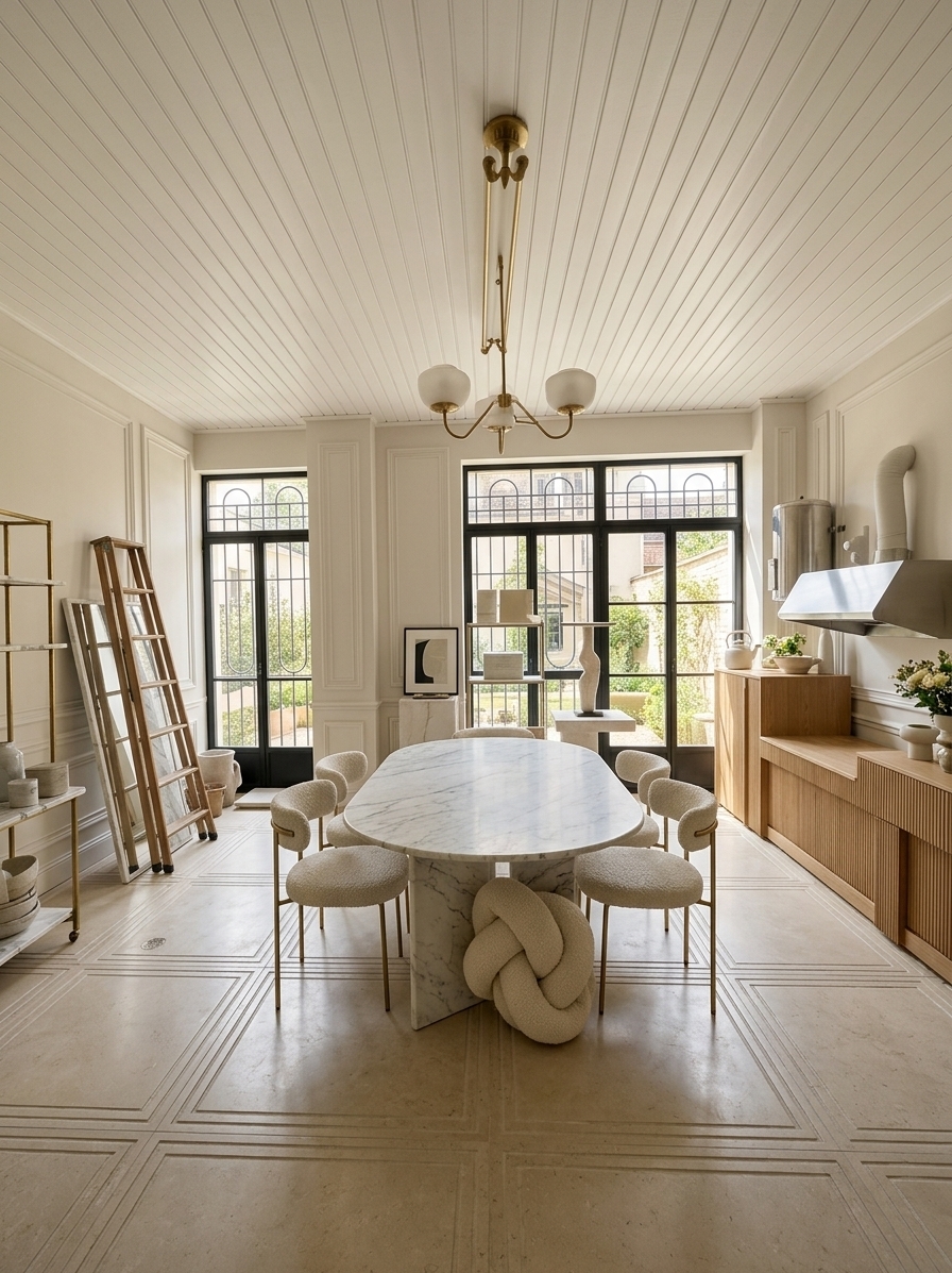An incredibly lifelike, richly detailed, photorealistic wide-angle interior photograph of an elegant French modern dining room set in a sophisticated, sun-drenched residence. The scene is illuminated by bright, warm post-midday summer sunlight pouring through updated floor-to-ceiling French casement windows, creating a serene, airy, and gracefully luxurious atmosphere. Captured with a professional 24mm architectural tilt-shift lens, emphasizing the intricate neoclassical wall paneling, subtle tactile bouclé fabrics, and the soft sheen of light-toned stone flooring. The transformed layout replaces the old utilitarian finishes with crisp, matte off-white walls adorned with delicate neoclassical boiserie moldings and refined crown detailing along an elevated ceiling. At the heart of the room, positioned where the old cluttered tables once sat, a contemporary oval dining table crafted from honed Calacatta marble is surrounded by sculptural, curved dining chairs upholstered in ivory textured fabric, gently anchored by a minimalist brass and frosted alabaster chandelier floating above. Seamless, large-format polished limestone tiles run underfoot, softly mirroring the natural midday light and creating a harmonious flow toward a sleek, minimalist fluted oak sideboard dressed with curated ceramic vessels and fresh floral arrangements, perfectly merging classic European grandeur with modern interior elegance.