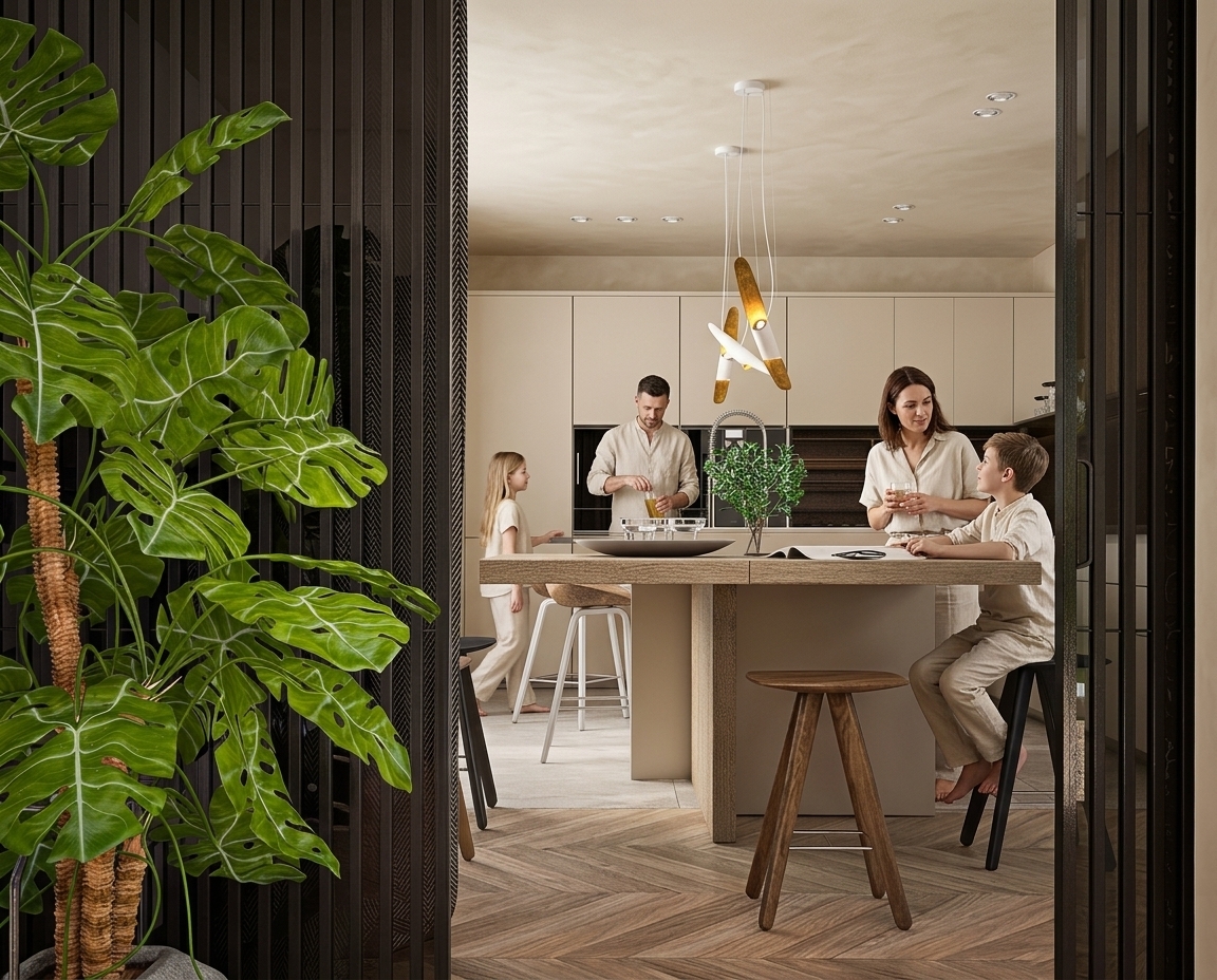 Convert this image into an ultra-realistic architectural photograph, removing all overlay text and logos while preserving 100% of the original room geometry, perspective, framing, furniture, wooden island, cabinetry, modern pendant light fixture, dark slatted partition, and large potted monstera plant.

Apply a luxury Boho Japandi palette:
- Walls and Ceiling: Seamless, continuous mineral plaster finish in a warm creamy oatmeal beige (Jeger Shabby Chic Fluff/Bloom aesthetic) with subtle cloud-like tonal movement and zero contrast between walls and ceiling.
- Cabinetry: Ultra-matte lacquer in a warm sand beige, 5–10% darker than the walls, keeping all original panel divisions and proportions.
- Flooring & Woodwork: High-detail realistic herringbone wood flooring and natural timber finishes with physical imperfections.

Integrate a family of four (mother, father, 12-year-old son, 10-year-old daughter) naturally into the kitchen space in relaxed, candid everyday activities (e.g., casually talking near the island, preparing a drink, or passing through), taking up only 10–15% of visual focus without blocking key architectural lines. Dress them in understated, neutral-toned linen and cotton garments (cream, oatmeal, sand).

Render with balanced natural daylight, soft global illumination, realistic material textures, subtle depth of field, and full-frame luxury interior photography quality (Architectural Digest style).