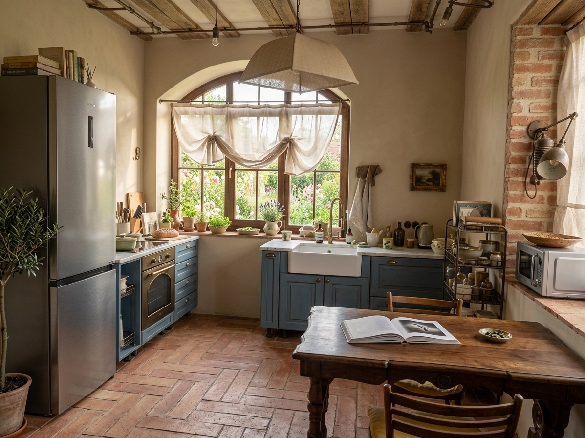 An incredibly lifelike, richly detailed, photorealistic wide-angle interior shot of a fully reimagined French country kitchen and dining nook set in a sun-drenched provincial cottage. The scene is illuminated by soft, golden morning light streaming through the grand arched multi-pane window, creating a cozy, romantic, and inviting atmosphere. Captured with a 24mm f/4 prime lens, emphasizing the rich textures of exposed, weathered oak ceiling beams, smooth warm-neutral lime-plastered walls, and aged herringbone terracotta floor tiles. 

The cabinetry is transformed into elegant distressed French blue shaker units paired with honed Calacatta marble countertops, a white porcelain apron-front farmhouse sink, and a vintage unlacquered brass bridge faucet. The grand arched window overlooks a blooming English-style cottage garden, softened by sheer, breezy linen drapes. In the foreground, a beautifully restored vintage dark walnut dining table is complemented by French provincial ladder-back chairs with soft yellow linen cushions. Lovingly styled surfaces feature an open photography book, potted indoor olive trees, fresh lavender in antique ceramic pitchers, and ornate framed pastoral oil paintings that tie together the timeless, cottage-inspired charm.