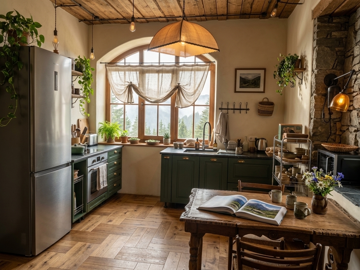 An incredibly lifelike, richly detailed, photorealistic wide-angle interior shot of a fully renovated rustic kitchen set in an alpine mountain escape cabin. The scene is illuminated by soft, warm morning sunlight filtering through an expansive arched timber window overlooking misty pine-covered peaks, paired with the gentle amber glow of forged-iron pendant lamps, creating a deeply cozy, inviting, and rugged atmosphere. Captured with a professional 24mm wide-angle lens, emphasizing the tactile textures of exposed heavy timber ceiling beams, rough-hewn stone masonry, and rich forest-green shaker cabinetry paired with honed soapstone countertops. 

In this redesigned space, the kitchen seamlessly balances rugged charm and refined comfort. A sturdy, reclaimed oak dining table stands proudly in the foreground, adorned with an open nature photography book, hand-thrown ceramic mugs, and a vase of mountain wildflowers. Mountain-range canvas art and forged metal accents complement the earthy palette of deep moss greens, warm timber browns, and creamy neutral plaster walls. Lush trailing indoor plants, woven runners, and neat floating shelves holding artisan earthenware complete this idyllic, warm cabin sanctuary.