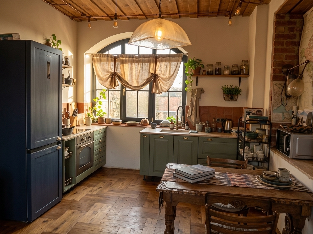 An incredibly lifelike, richly detailed, photorealistic wide-angle interior shot of a reimagined "Traveler's Trove" kitchen and dining area set in an eclectic, character-rich home. The scene is illuminated by warm, golden afternoon sunlight streaming through a restored black-mullioned arched window and the soft glow of hand-blown Moroccan glass pendants, creating an adventurous, cultured, and nostalgic atmosphere. Captured with a 24mm full-frame lens, emphasizing rich textures from the exposed, finished timber ceiling beams, herringbone oak flooring, and artisan terracotta backsplash tiles. Deep indigo and warm sage green cabinetry with aged brass hardware seamlessly integrates high-end modern appliances beneath honed travertine countertops. In the foreground, the vintage carved-wood dining table is styled with stacked travel photography books, woven ikat runners, collected ceramic tableware, and mismatched bistro chairs. The warm plaster walls showcase an artful gallery of framed vintage maps and vibrant wanderlust photography, perfectly complemented by lush hanging pothos and terracotta-potted herbs that complete this globally curated culinary sanctuary.