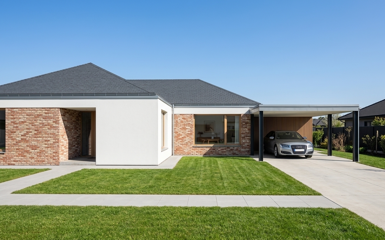 An incredibly lifelike, richly detailed, photorealistic wide-angle exterior architectural shot of a contemporary single-story minimalist residential haven set in a manicured suburban spring environment. The scene is illuminated by bright, clear midday spring sunlight, casting crisp, defined architectural shadows beneath the eaves and carport, creating a serene, peaceful, and elegant modern atmosphere. Captured with a high-resolution medium format camera paired with a 35mm tilt-shift architectural lens, emphasizing the fine textures of natural brickwork, smooth matte stucco, and refined timber detailing.

The home’s exterior exhibits a balanced, asymmetric composition that blends modern functionality with zen-inspired warmth. The facade is defined by a harmonious interplay of warm, earthen red-and-buff brick masonry and pristine, ultra-smooth white stucco volumes. A low-pitch, charcoal-gray shingled roof with clean metal fascia lines crowns the structure, seamlessly transitioning into an open-ended overhang that shelters the front entryway. Along the base, an exposed textured fieldstone ledger provides a grounded, organic foundation beneath the warm, planked timber decking of the porch.

To the right, a streamlined, open-air carport supported by slender matte-black steel columns shelters a glossy metallic silver luxury sedan, perfectly reflecting the ambient sky and surroundings on its polished clear coat. Behind the vehicle, a warm vertical wood-slat accent wall adds texture, privacy, and architectural rhythm. 

Large wood-framed picture windows and expansive double sliding glass doors reveal glimpses of a serene, uncluttered interior living space. Through the clear, low-iron glass, hints of minimalist decor are visible: soft monochromatic tones of white, gray, and muted pastels, sleek low-profile wooden furnishings, a curated photography book displayed on a tidy coffee table, a minimalist abstract art piece on the neutral wall, and the refreshing silhouette of vibrant indoor potted plants. 

The foreground features a pristine, vibrant green spring lawn divided by smooth, light gray paved walkways and concrete driveway pavers, meticulously detailed with clean expansion joints. The crisp, cloudless azure sky overhead enhances the clean geometric lines and tranquil, modern aesthetic of this minimalist architectural home.