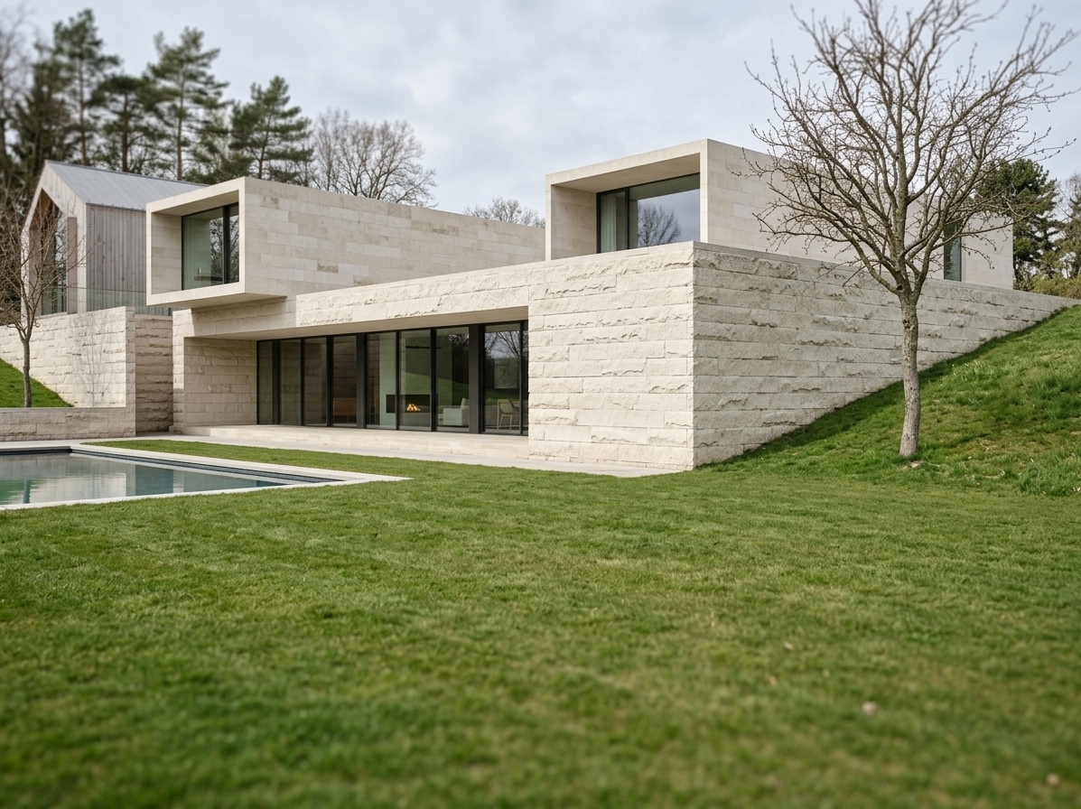 An incredibly lifelike, richly detailed, photorealistic eye-level architectural photograph of a modern fusion semi-subterranean residence set in a gently sloping spring landscape, designed to open out toward an expansive outdoor pool and lawn terrace. The scene is illuminated by crisp, natural midday spring light diffused softly through an overcast sky, creating a serene, understated, and sophisticated atmosphere. Captured with a full-frame architectural tilt-shift lens, emphasizing the tactile, rough-hewn texture of the massive pale limestone blocks, the deep recessed shadows of the cantilevered upper volumes, and the sleek reflections across the minimalist dark-framed glass facade seamlessly integrated into the natural grassy embankment.